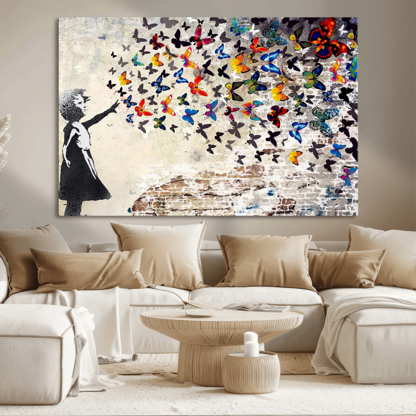 97895-MGV-CV-36X24-Girl with Butterflies Wall Art – Colorful Street Art Style Canvas Print, Modern Graffiti-Inspired Butterfly Artwork for Living