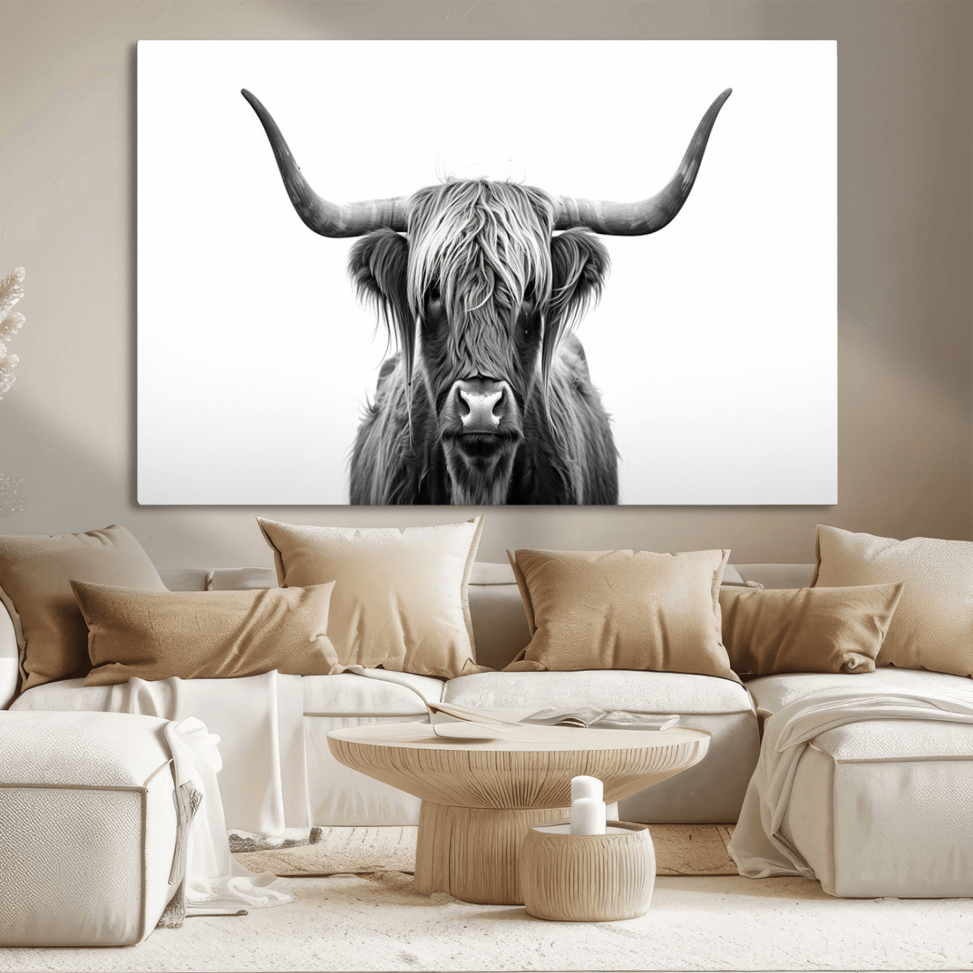 49556-MGV-CV-36X24-Highland Cow Wall Art – Black and White Scottish Highland Cattle Print, Rustic Farmhouse Minimalist Animal Portrait Canvas for
