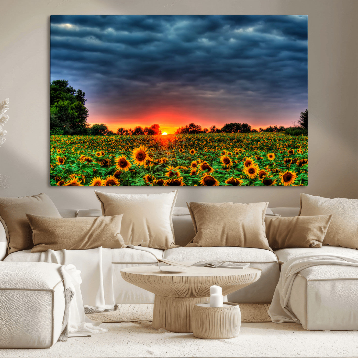 45045-MGV-CV-36X24-Sunflower Field Sunset Wall Art – Dramatic Stormy Sky Landscape Print, Vibrant Yellow Floral Nature Canvas for Living Room,