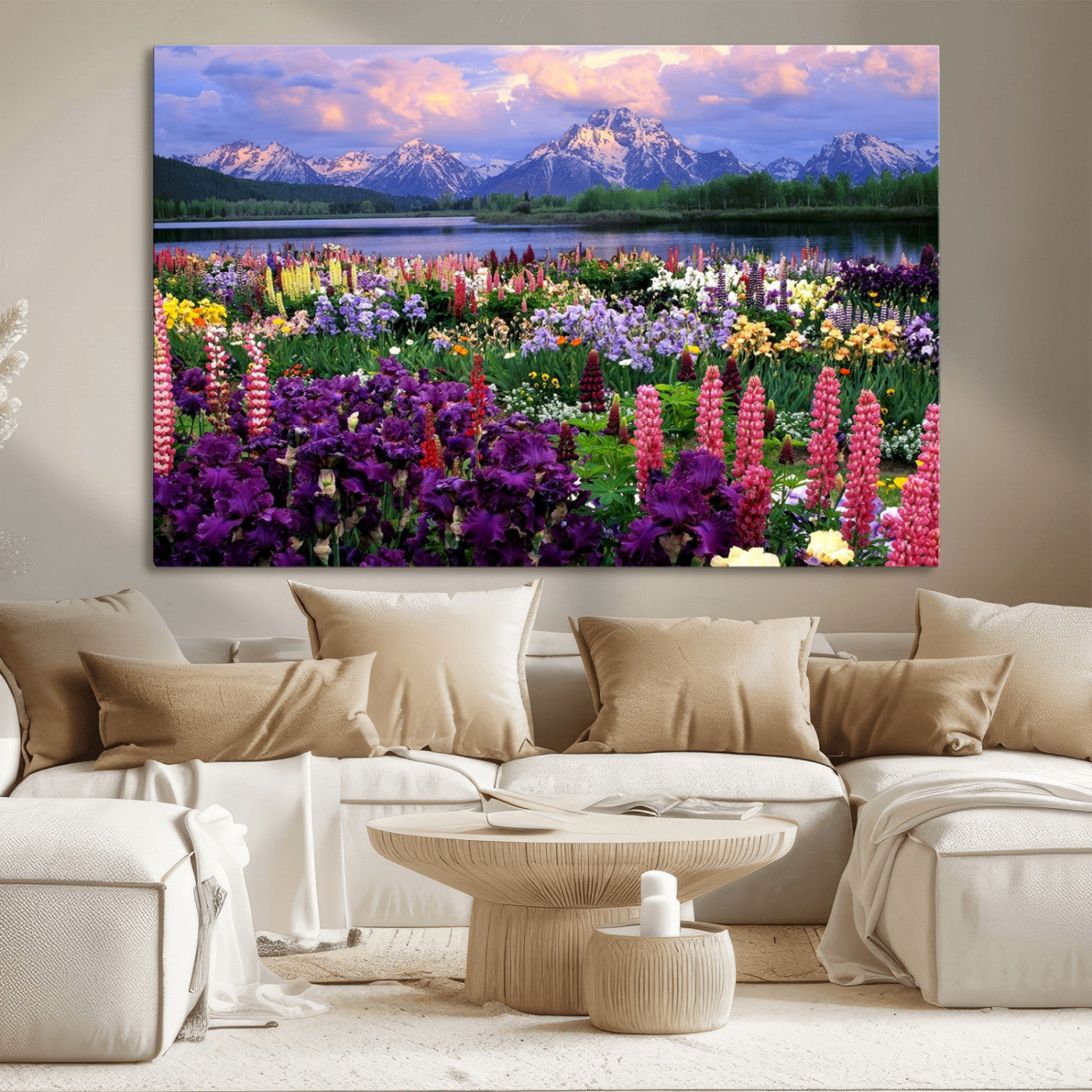 82270-MGV-CV-36X24-Colorful Wildflower Meadow Landscape Wall Art – Snow-Capped Mountain Lake Sunset Print, Vibrant Nature Artwork for Living Room,