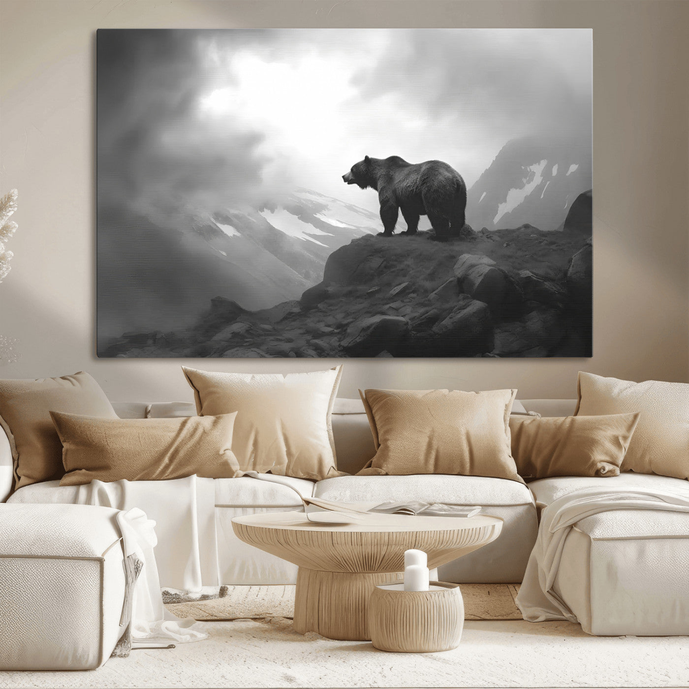 49504-MGV-CV-36X24-Black and White Grizzly Bear Wall Art – Wilderness Wildlife Painting, Rustic Mountain Cabin Decor, Monochrome Animal Print for