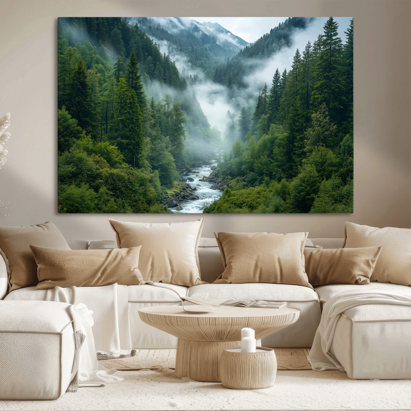 69453-MGV-CV-36X24-Mountain Forest Wall Art – Misty River and Evergreen Landscape Canvas Print, Nature Photography Poster for Living Room, Bedroom,