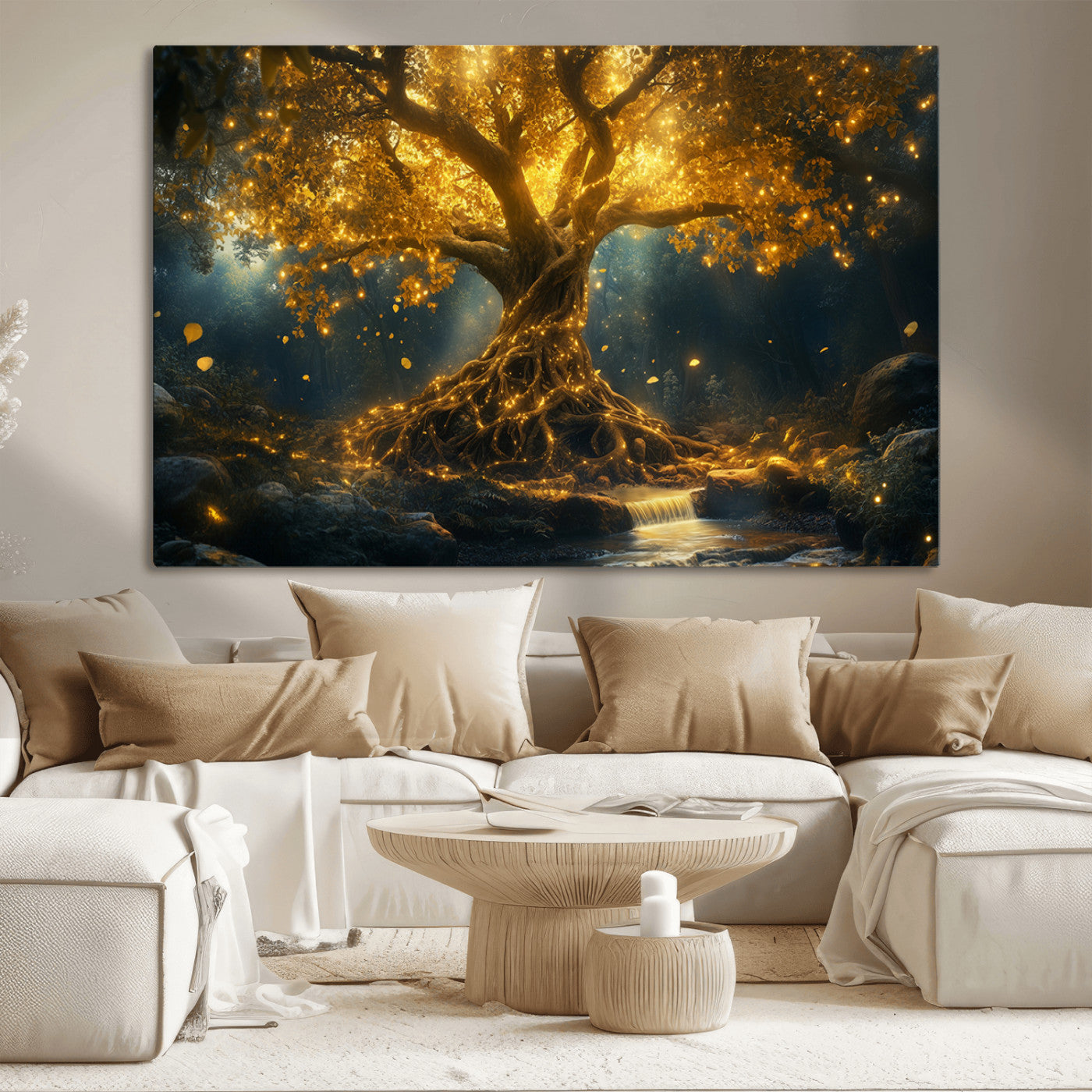 92739-MGV-CV-36X24-Glowing Tree Wall Art – Enchanted Golden Forest Canvas Print, Mystical Illuminated Nature Painting Poster for Living Room,