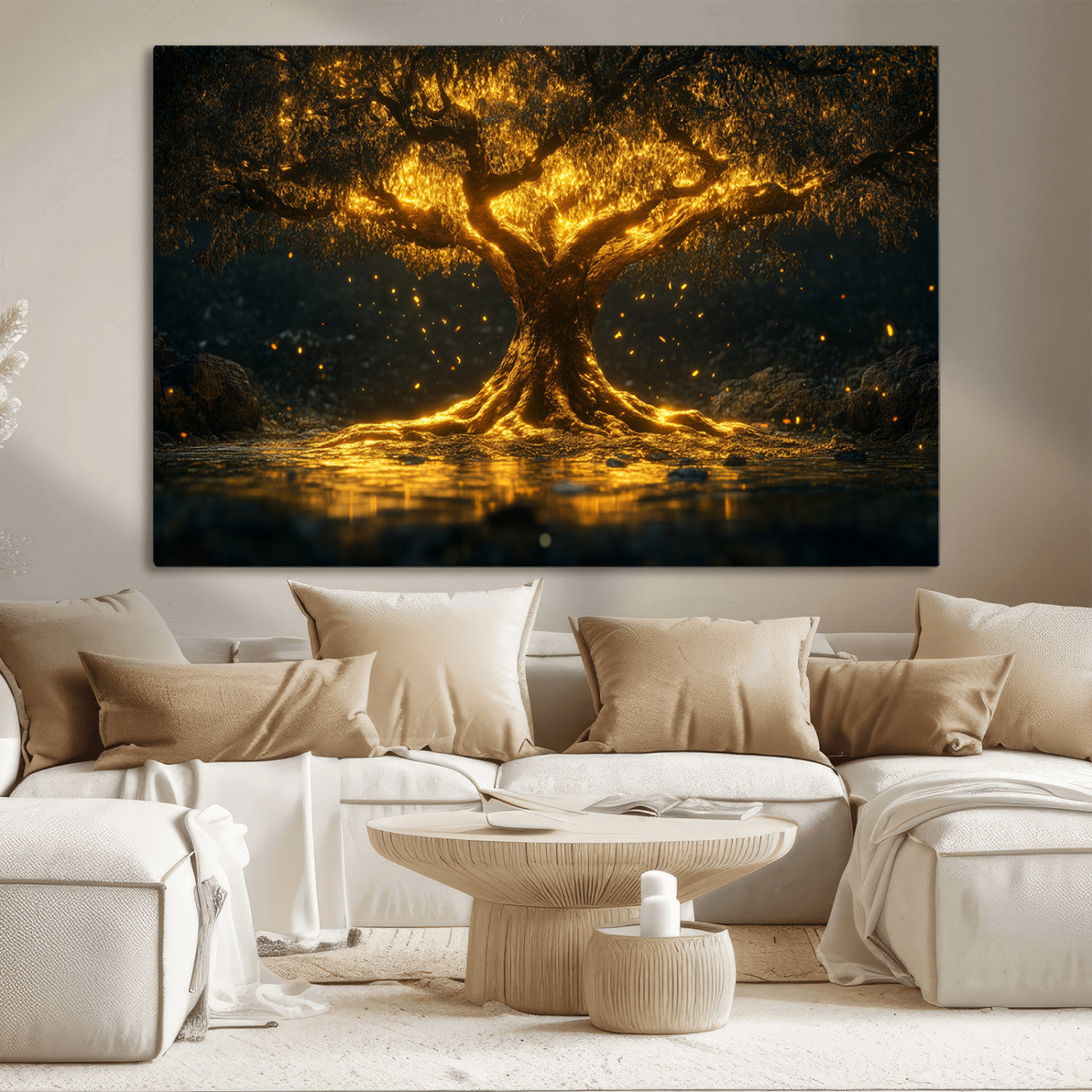 59580-MGV-CV-36X24-Glowing Tree Wall Art – Golden Fantasy Nature Canvas Print, Mystical Illuminated Tree Painting Poster for Living Room, Bedroom,