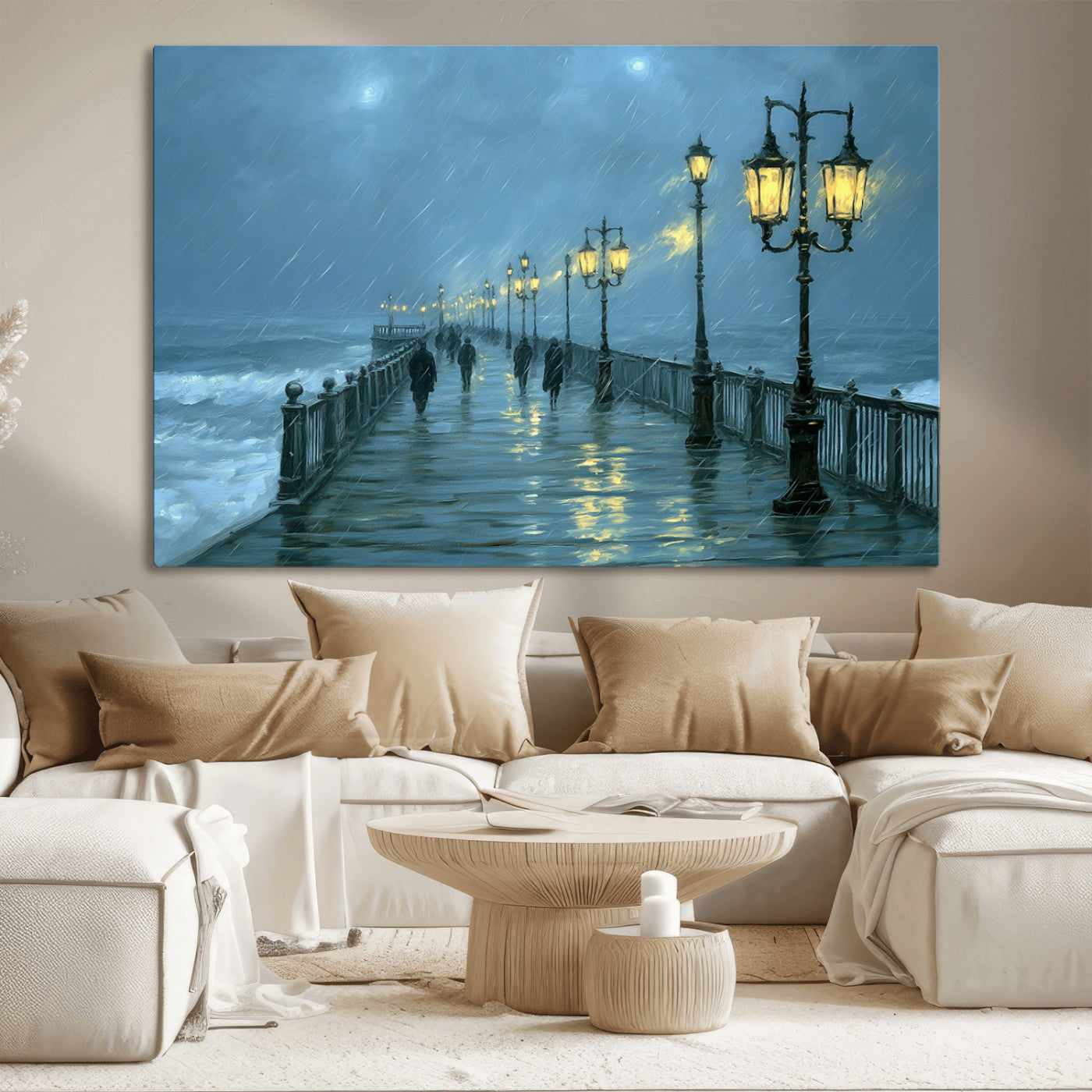79606-MGV-CV-36X24-Rainy Pier Night Wall Art – Ocean Waves and Street Lamps Canvas Print, Moody Seascape Oil Painting Poster for Living Room,