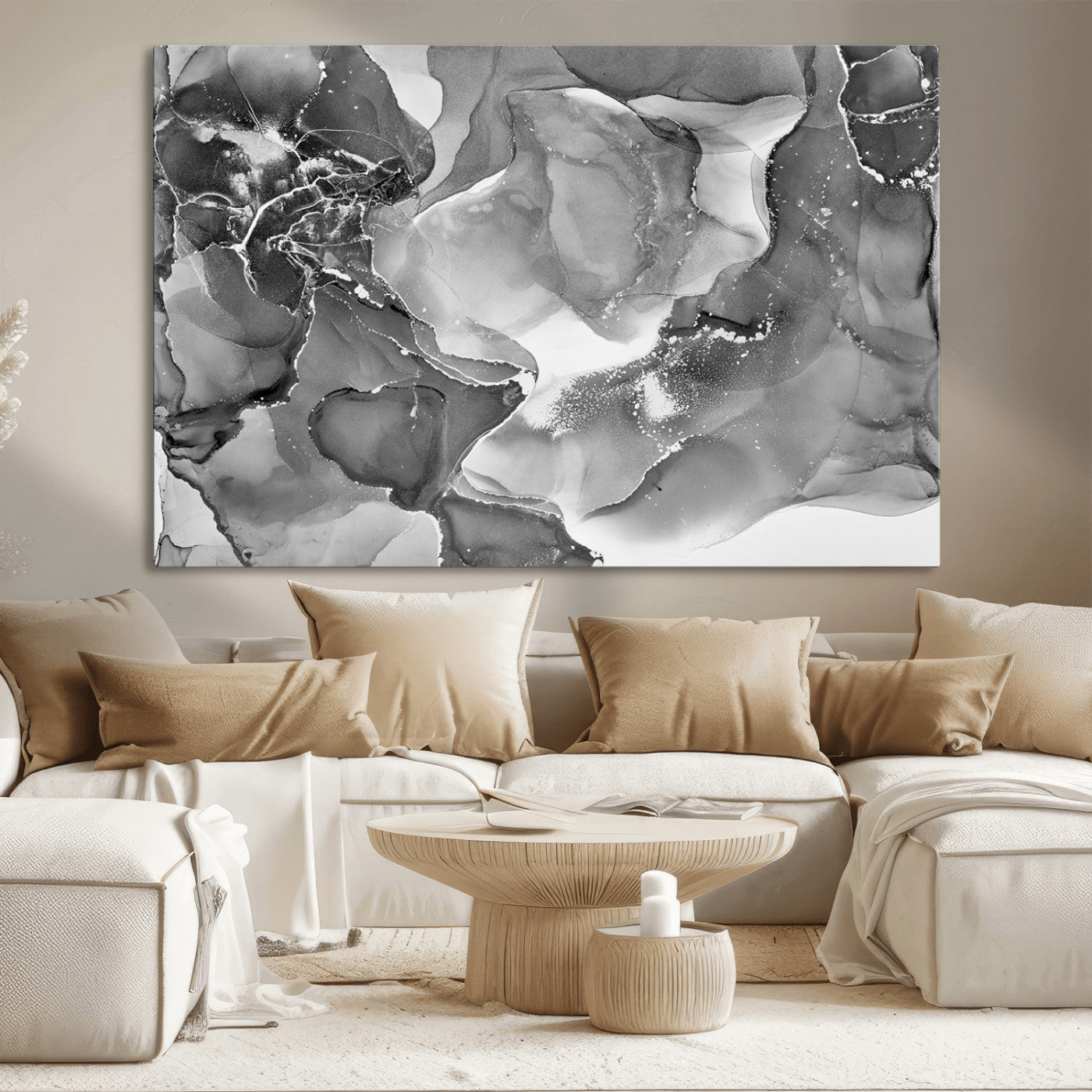 15911-MGV-CV-36X24-Black and White Abstract Wall Art – Modern Ink Swirl Canvas Print, Minimalist Contemporary Painting for Living Room, Bedroom,