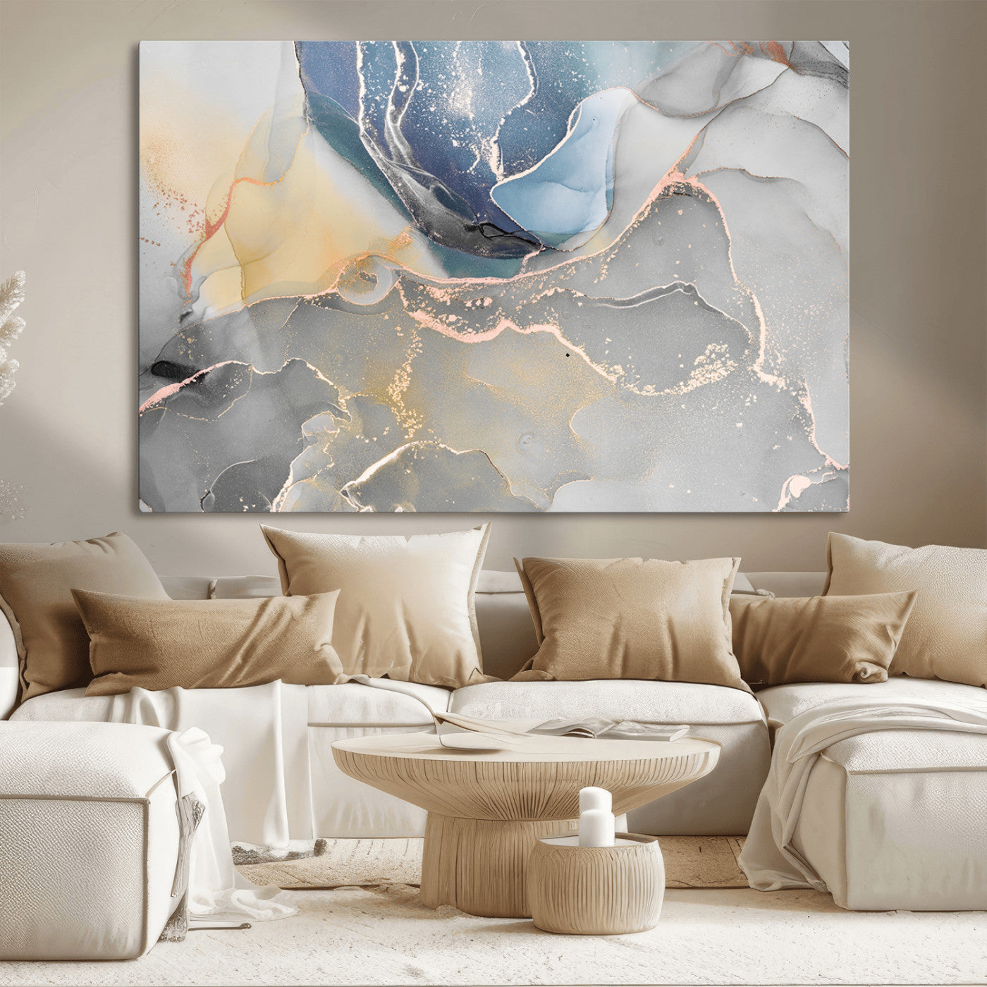 18176-MGV-CV-36X24-Abstract Fluid Wall Art – Modern Marble Ink Canvas Print with Blue, Gold, and Gray Tones, Contemporary Minimal Artwork Decor for