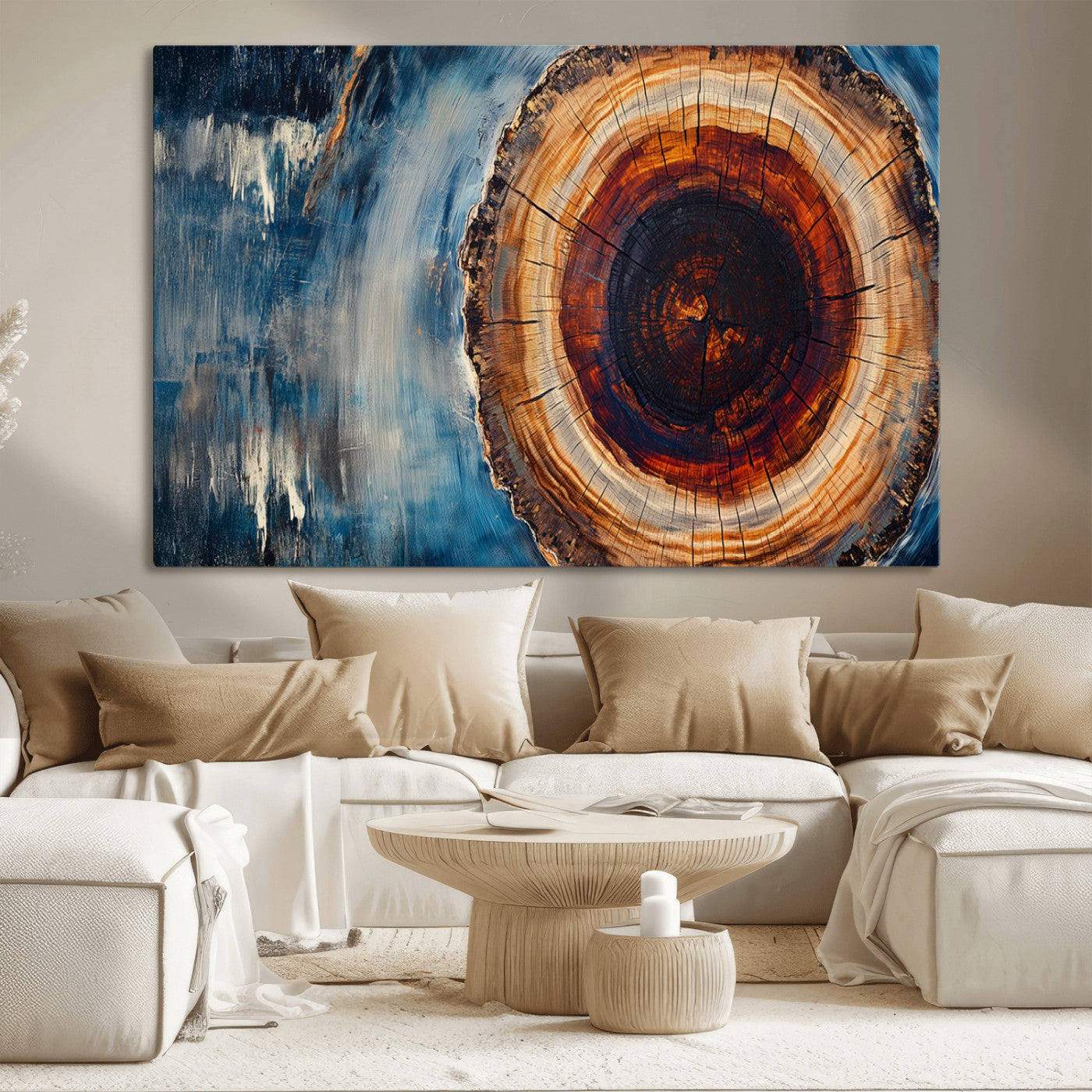 48045-MGV-CV-36X24-Tree Ring Abstract Wall Art – Rustic Wood Grain Canvas Print with Brown Center and Blue Brush Strokes, Nature Inspired Artwork for