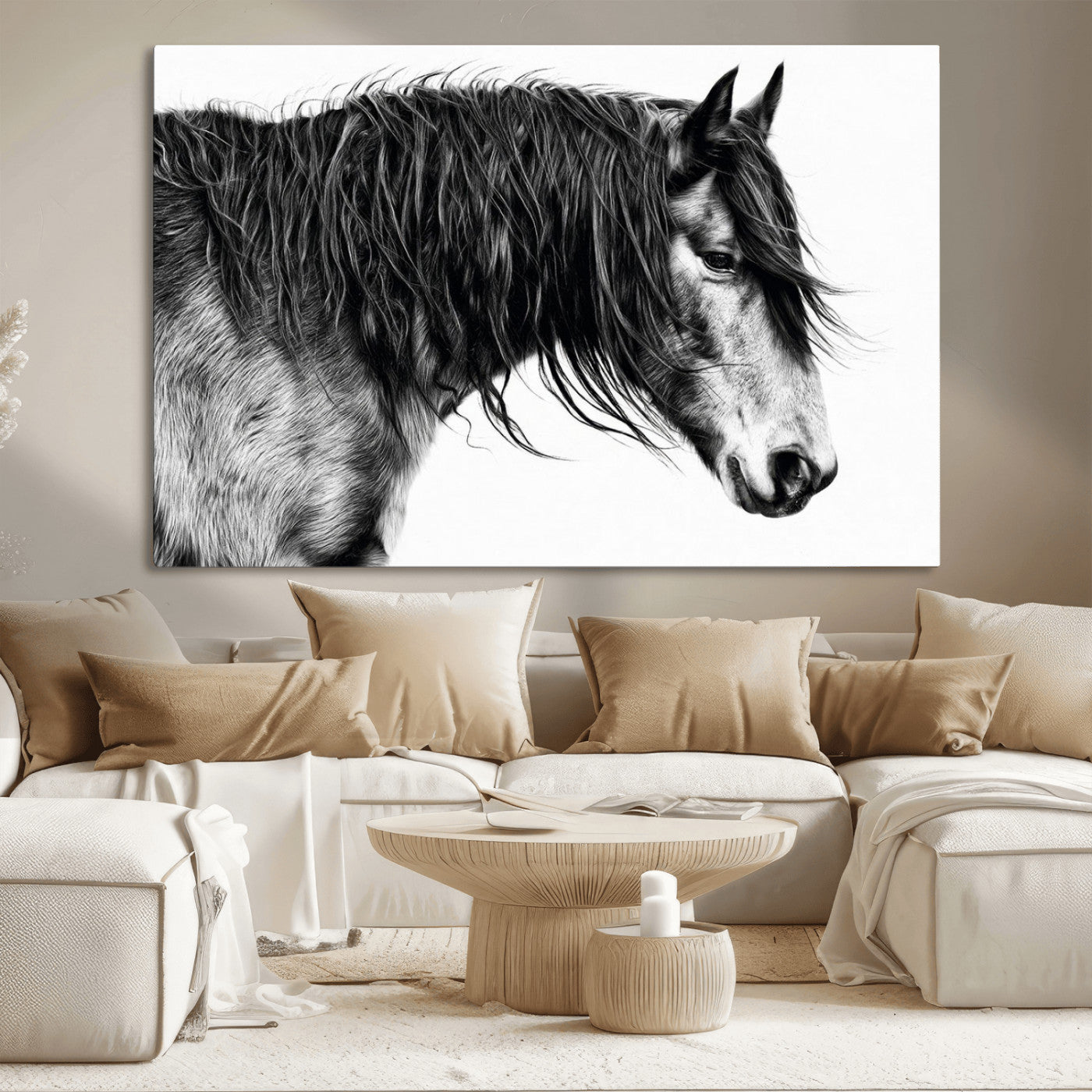 57694-MGV-CV-36X24-Horse Portrait Wall Art – Black and White Canvas Print with Detailed Stallion Profile, Rustic Farmhouse Equestrian Artwork for