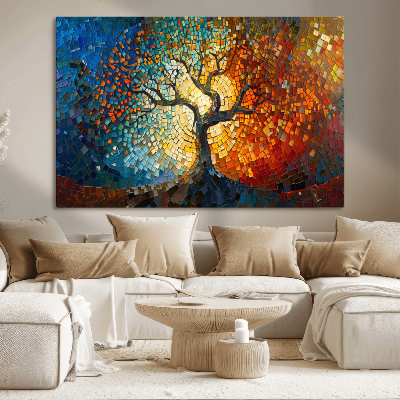 66056-MGV-CV-36X24-Mosaic Tree of Life Wall Art – Colorful Stained Glass Style Canvas Print with Radiant Blue and Orange Tones, Modern Decorative
