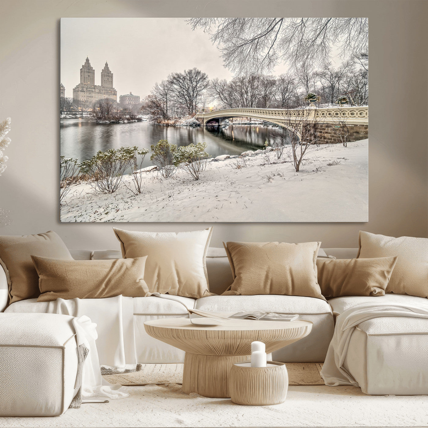 60292-MGV-CV-36X24-Central Park Winter Wall Art – Snowy Bow Bridge Canvas Print, Scenic New York City Landscape Photography for Living Room, Bedroom