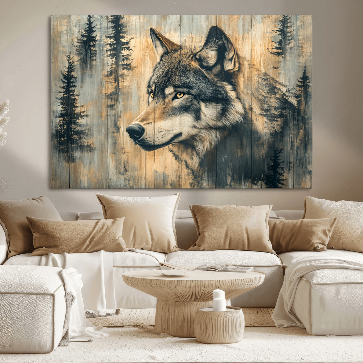 51892-MGV-CV-36X24-Wolf Wall Art – Rustic Canvas Print of Wolf with Forest Trees on Wood Texture, Wildlife Lodge Artwork for Living Room, Bedroom,