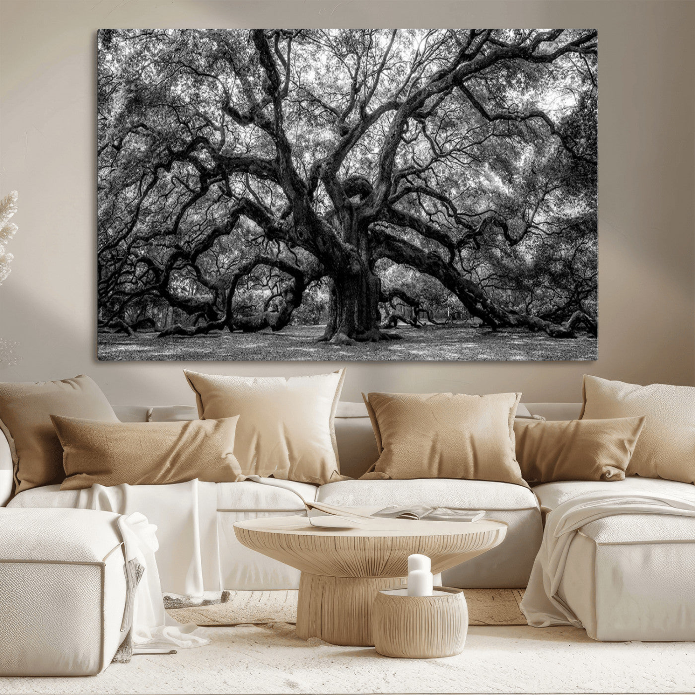 132944706-MGV-CV-36X24-Ancient Tree Wall Art – Black and White Photography Canvas Print Featuring Majestic Twisting Branches, Rustic Nature Artwork for