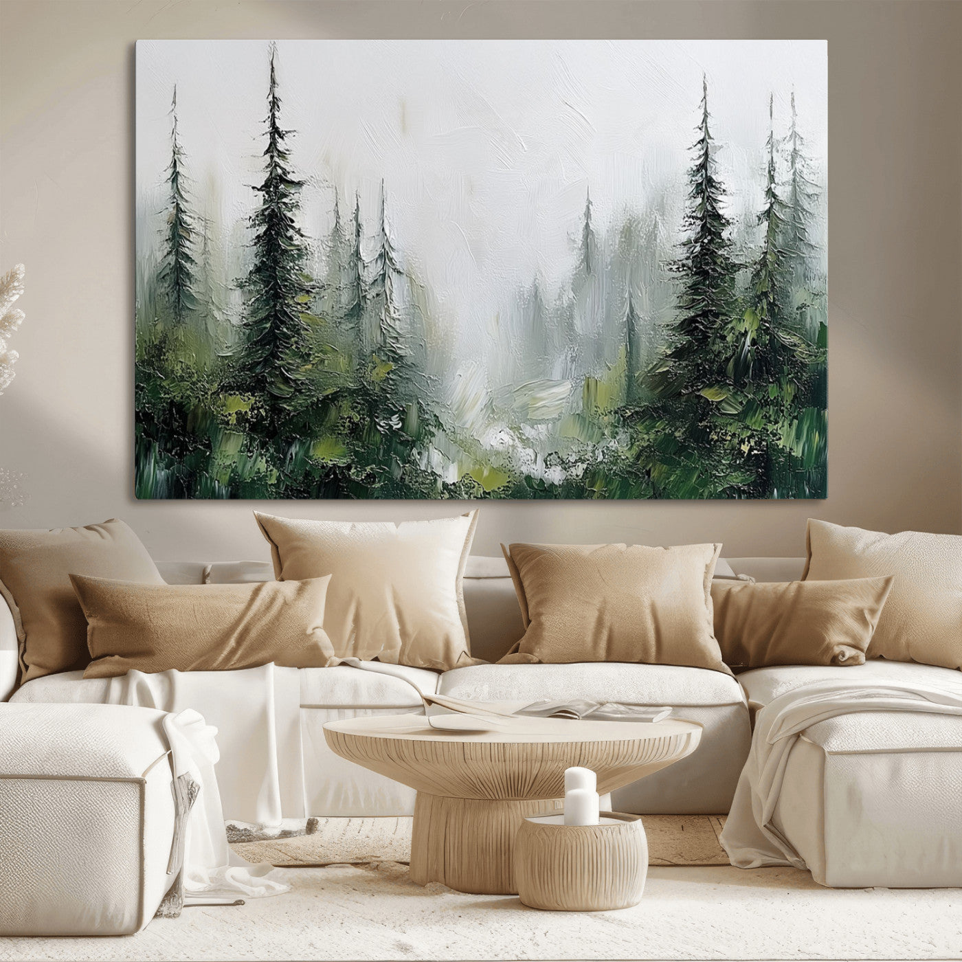 76014-MGV-CV-36X24-Forest Wall Art – Textured Canvas Print Featuring Misty Evergreen Pines and Woodland Landscape, Rustic Nature Artwork for Living