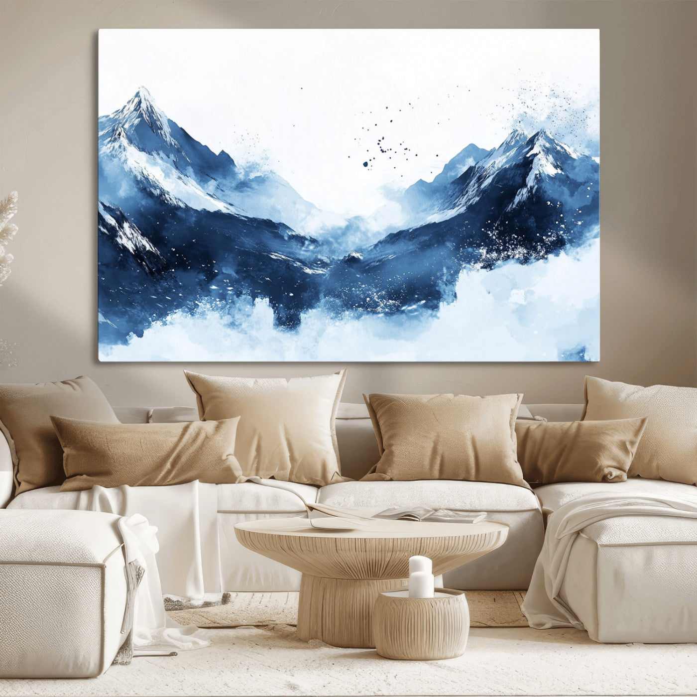 93536-MGV-CV-36X24-Snowy Mountain Wall Art – Modern Canvas Print Featuring Blue Watercolor Peaks and Abstract Splashes, Nature Inspired Artwork for