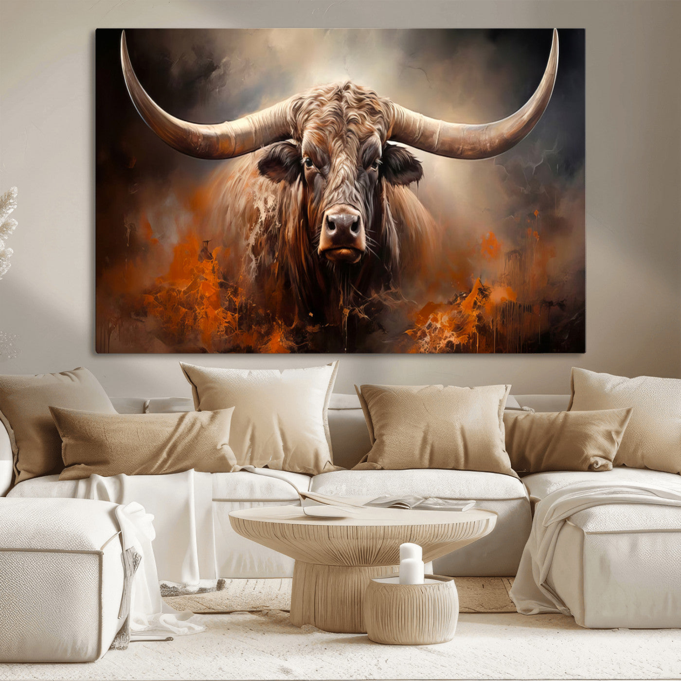 240479-MGV-CV-36X24-Longhorn Bull Wall Art – Dramatic Western Canvas Print Featuring Horned Bull with Fiery Background, Rustic Farmhouse Artwork for