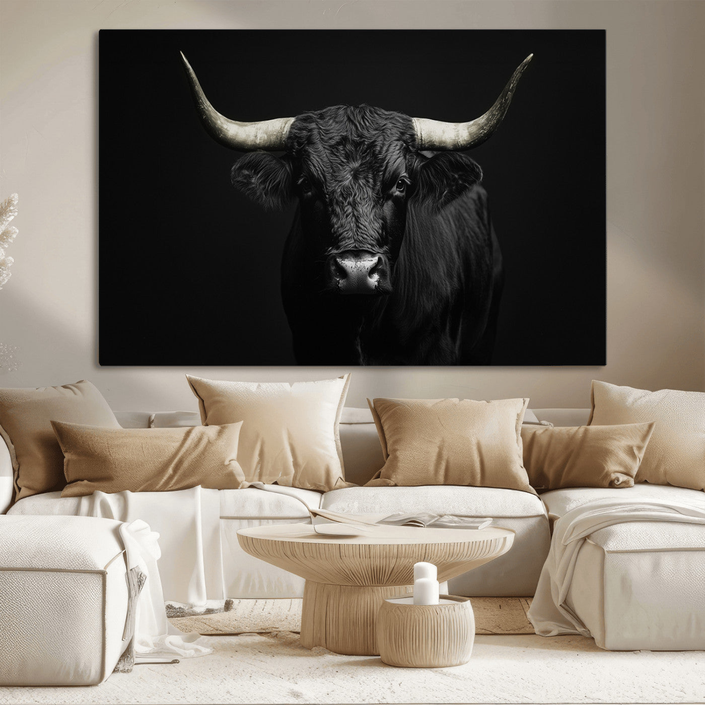 97914921-MGV-CV-36X24-Black Bull Wall Art Canvas Print, Framed Longhorn Bull Art Picture Print, Western Bull Perfect Monochrome Western Decor Artwork