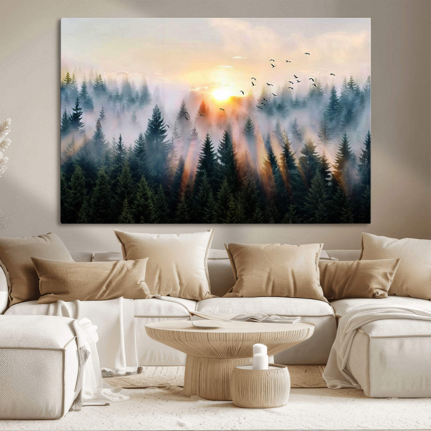 56391411-MGV-CV-36X24-Misty Forest Wall Art Canvas Print, Framed Sunrise Pines Art Picture Print, Moody Pines Perfect Serene Woodland Decor Artwork