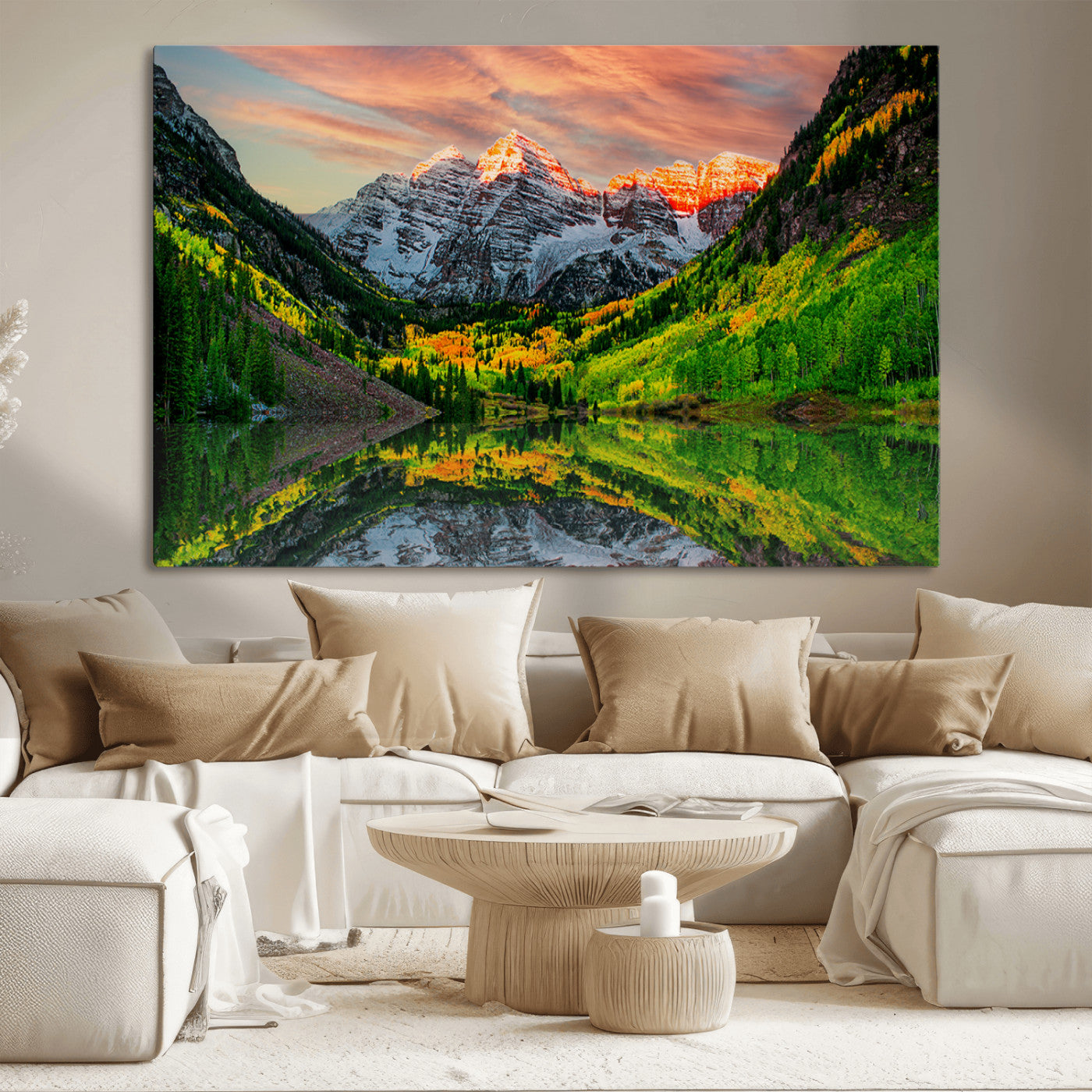 59533484-MGV-CV-36X24-Maroon Bells Autumn Wall Art – Panoramic Mountain Landscape Canvas Print, Sunset Reflection Nature Artwork for Living Room, Office