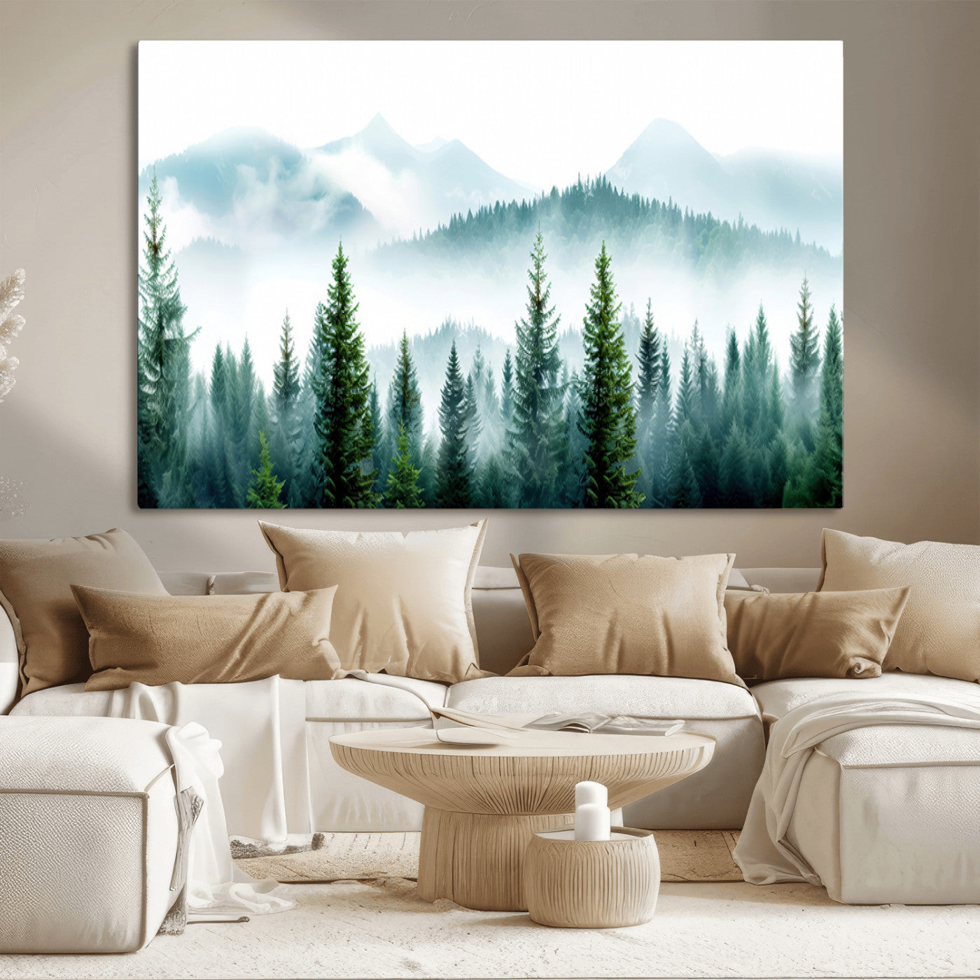 16716676-MGV-CV-36X24-Pine Forest Wall Art Canvas Print, Framed Misty Mountains Art Picture Print, Foggy Trees Perfect Moody Forest Decor Artwork