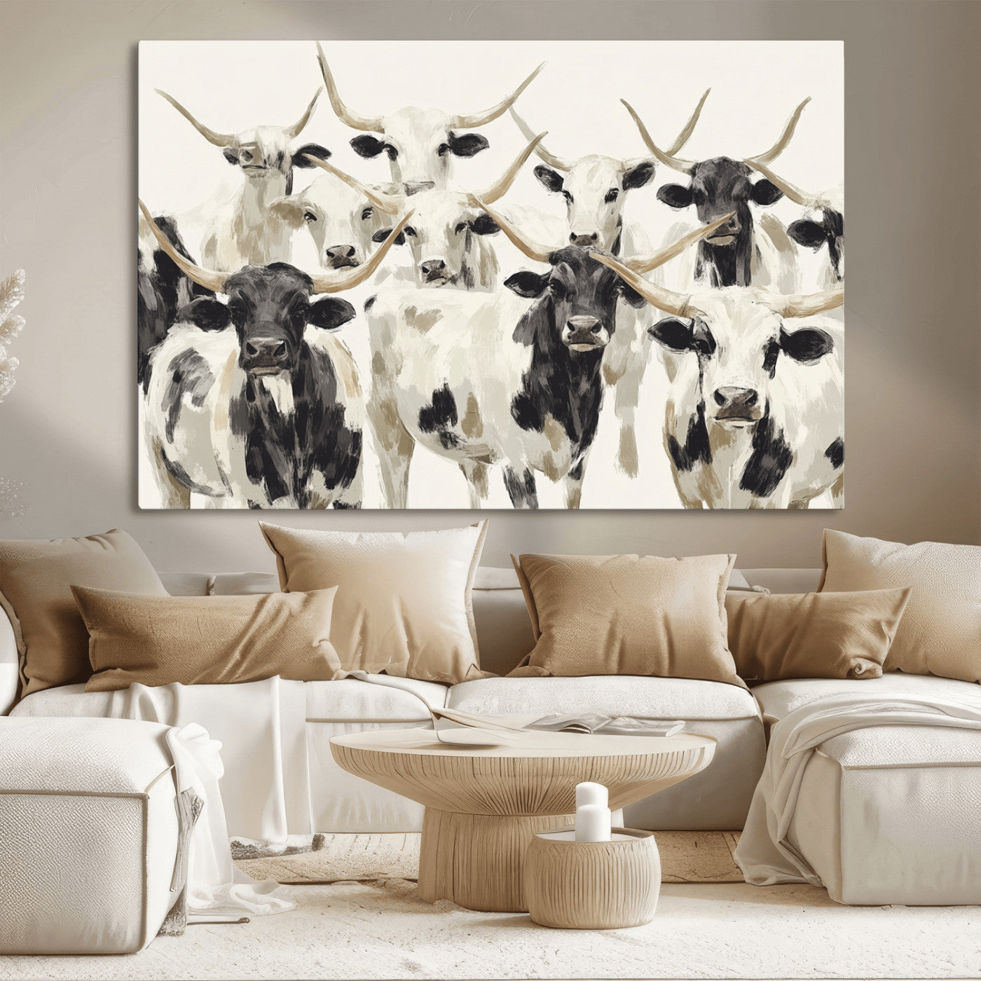 52947970-MGV-CV-36X24-Texas Longhorn Wall Art Canvas Print, Framed Cattle Herd Art Picture Print, Herd Portrait Perfect Modern Farmhouse Decor Artwork