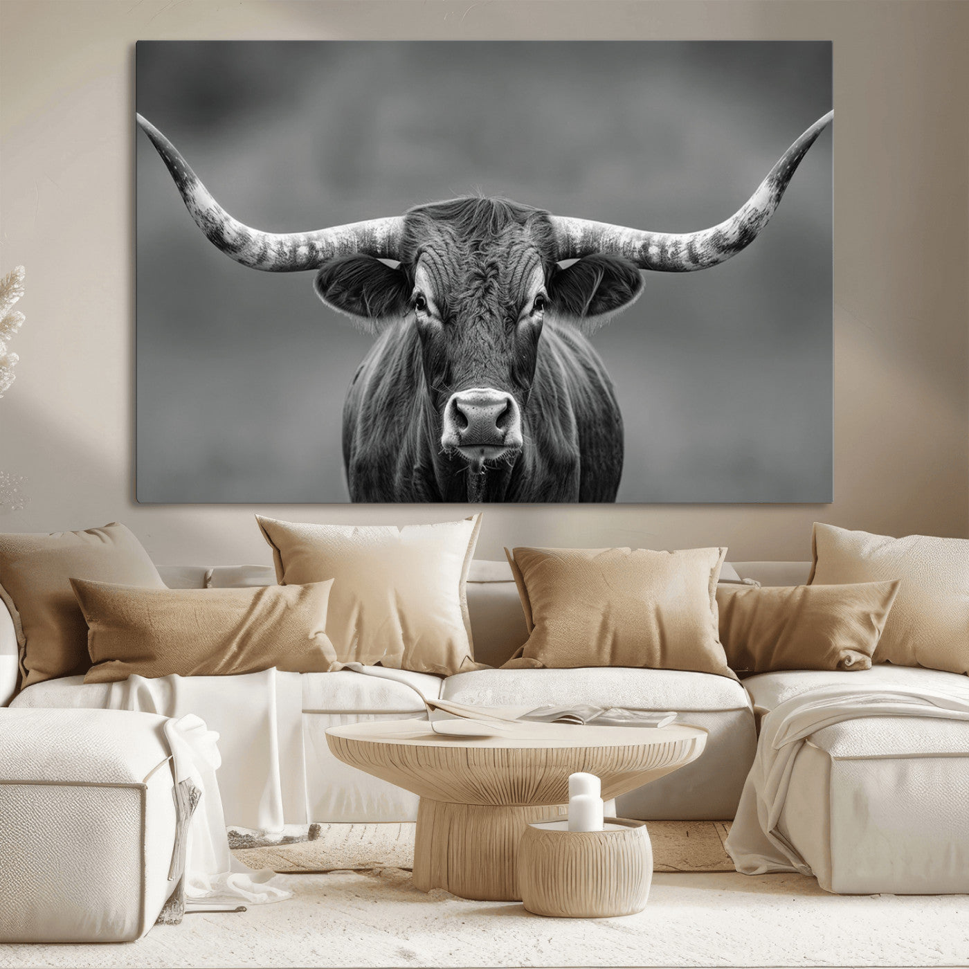 81228550-MGV-CV-36X24-Framed Texas Longhorn Bull Art Canvas Print, Western Bull Wall Art Print, Long Horn Bull Photo Print for Log Cabin, Large Bull
