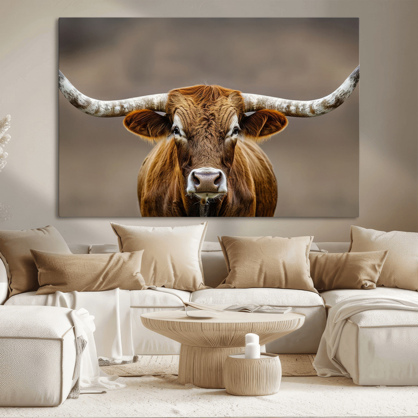 12179171-MGV-CV-36X24-Texas Longhorn Wall Art Canvas Print, Framed Brown Bull Art Picture Print, Lone Cattle Perfect Rustic Western Decor Artwork