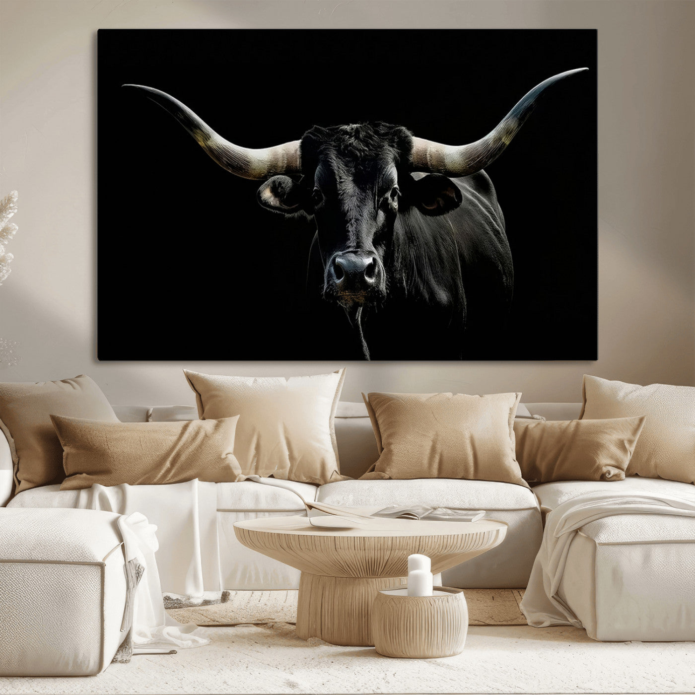 37531960-MGV-CV-36X24-Black Longhorn Bull Wall Art – Dramatic Western Cattle Canvas Print, Rustic Farmhouse Animal Artwork for Living Room, Bedroom,
