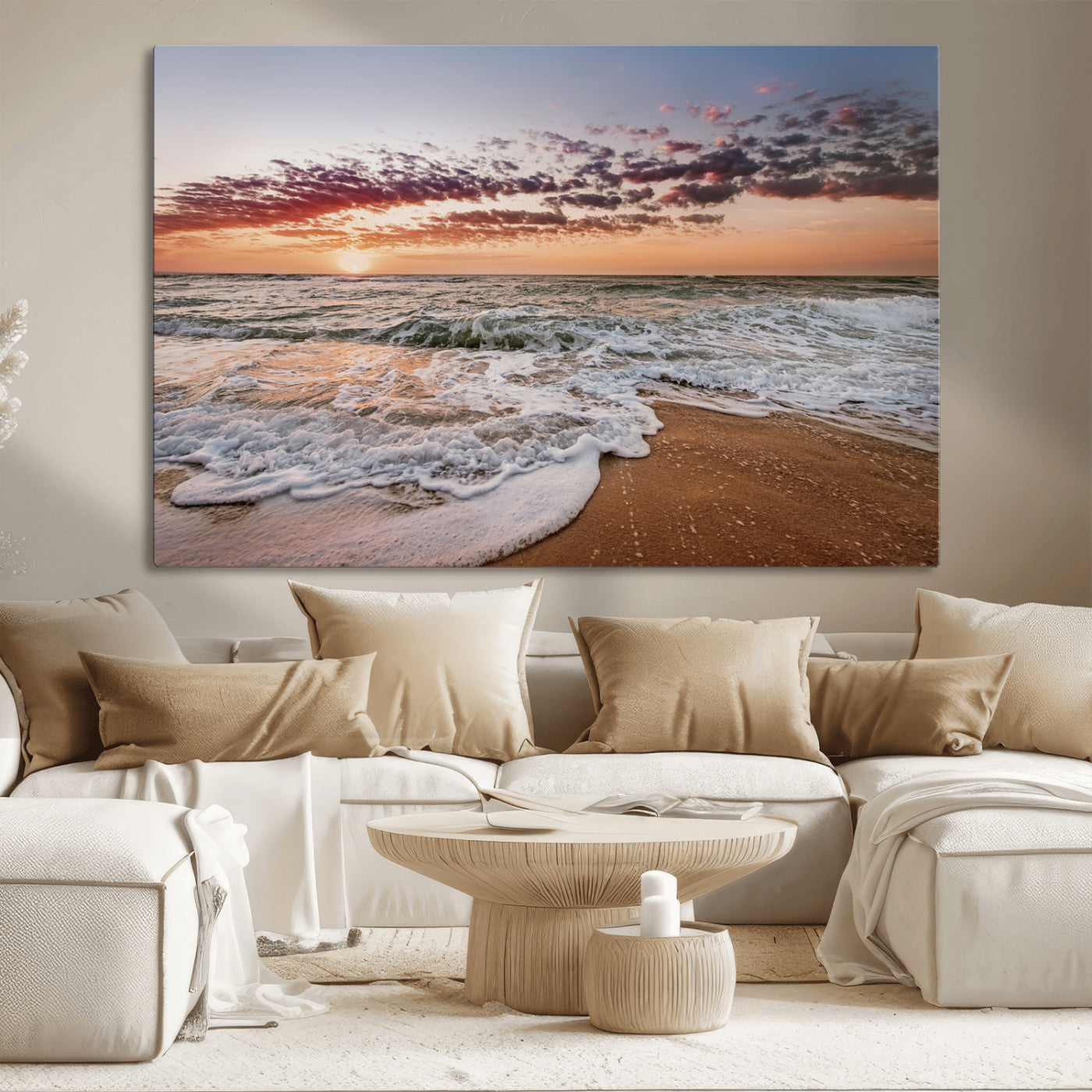39846389-MGV-CV-36X24-Ocean Sunset Wall Art Canvas Print, Framed Sandy Shore Art Picture Print, Gentle Waves Perfect Minimalist Coastal Decor Artwork