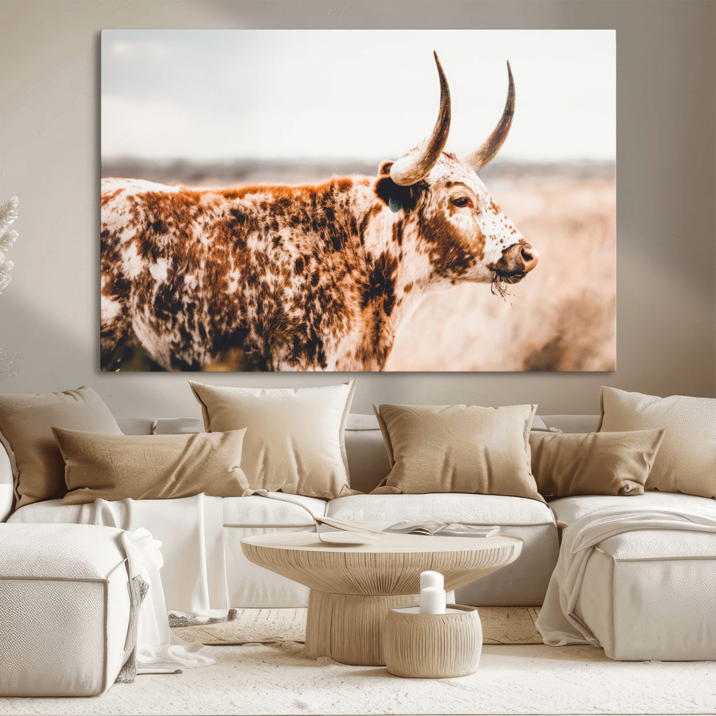 11528295-MGV-CV-36X24-Speckled Longhorn Wall Art Canvas Print, Framed Texas Cattle Art Picture Print, Horned Cow Perfect Rustic Western Decor Artwork