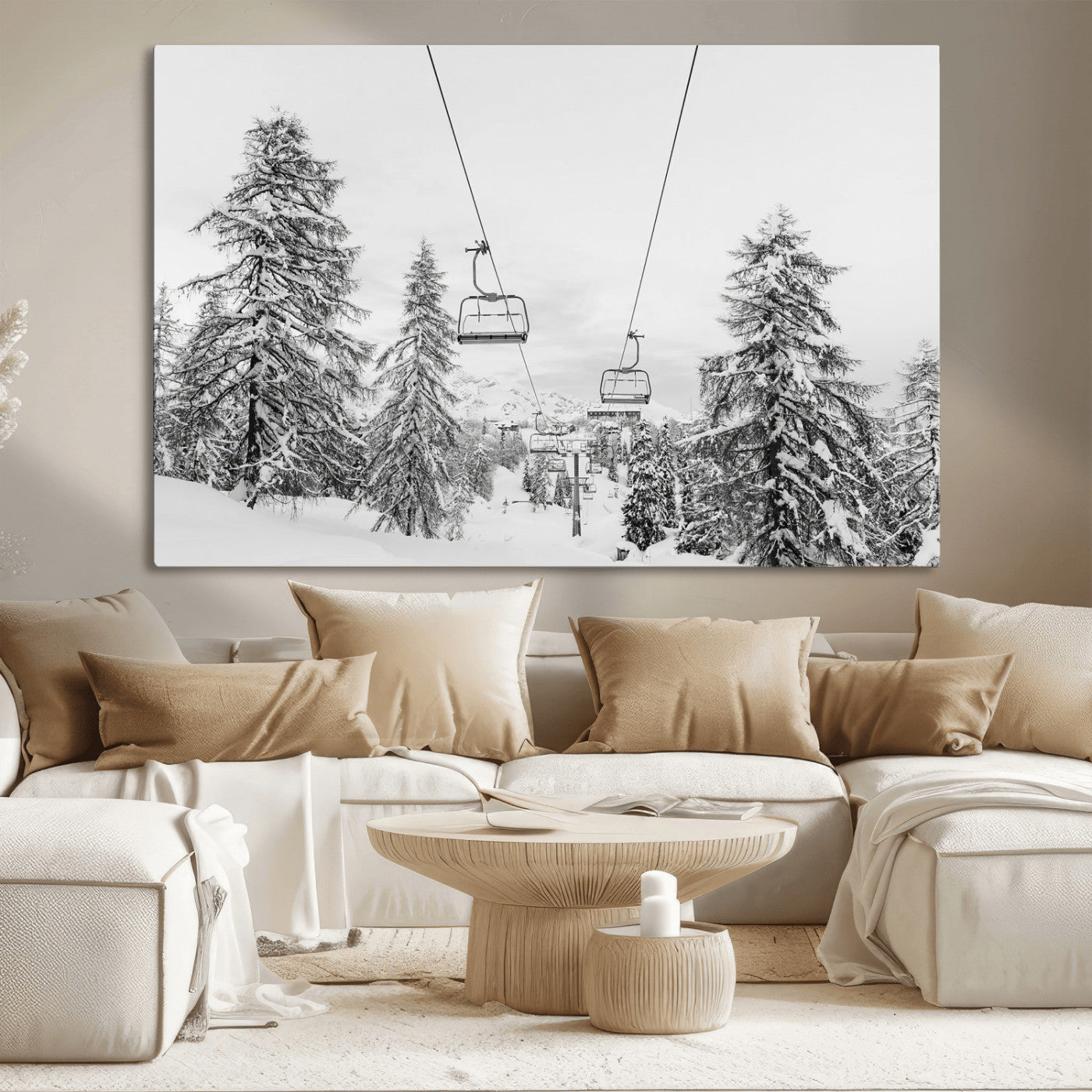55003599-MGV-CV-36X24-Snowy Ski Lift Wall Art Canvas Print, Framed Winter Forest Art Picture Print, Ski lift Ride Perfect Winter Lodge Decor Artwork