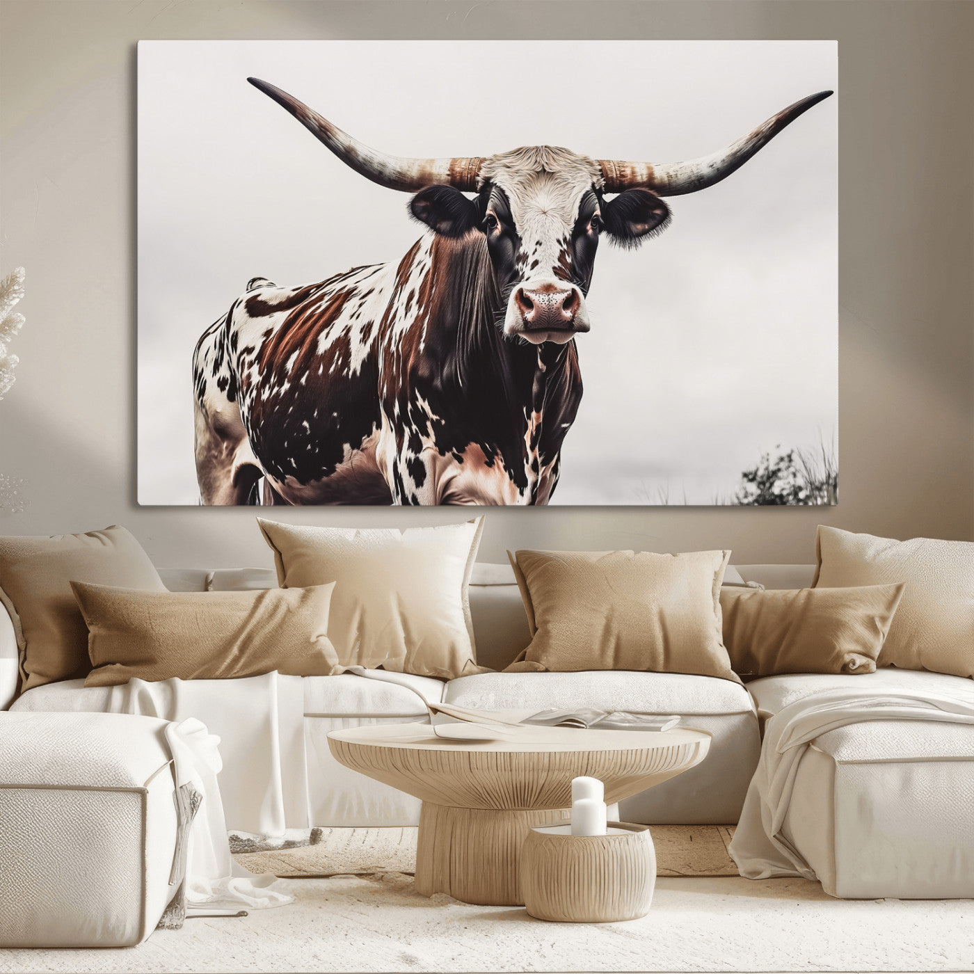 95249234-MGV-CV-36X24-Texas Longhorn Wall Art Canvas Print, Framed Spotted Bull Art Picture Print, Horned Cattle Perfect Rustic Farmhouse Decor Artwork