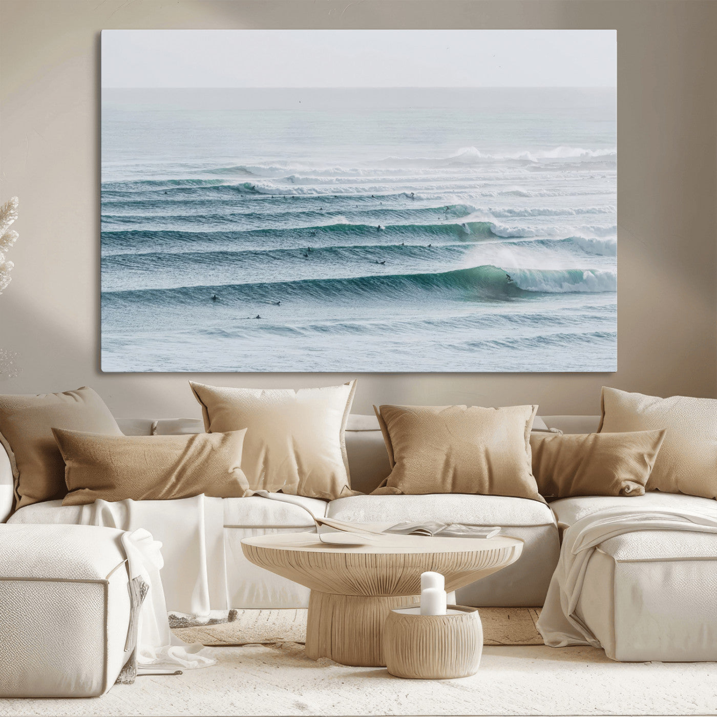 73969318-MGV-CV-36X24-Ocean Waves Wall Art Canvas Print, Framed Surfer Lineup Art Picture Print, Crowded Ocean Perfect Minimal Coastal Decor Artwork