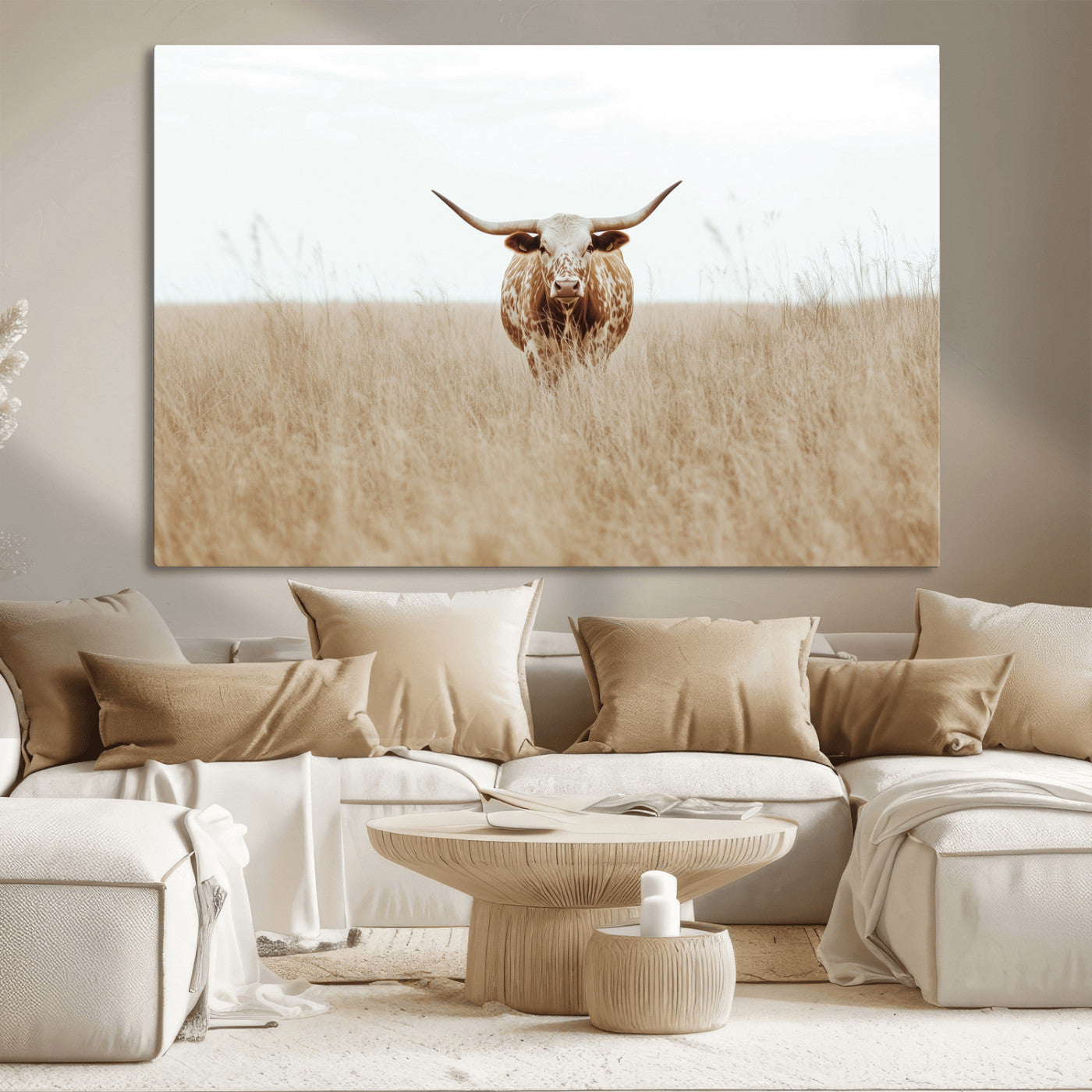 20927060-MGV-CV-36X24-Texas Longhorn Wall Art Canvas Print, Framed Lone Cattle Art Picture Print, Longhorn Bull Perfect Rustic Western Decor Artwork