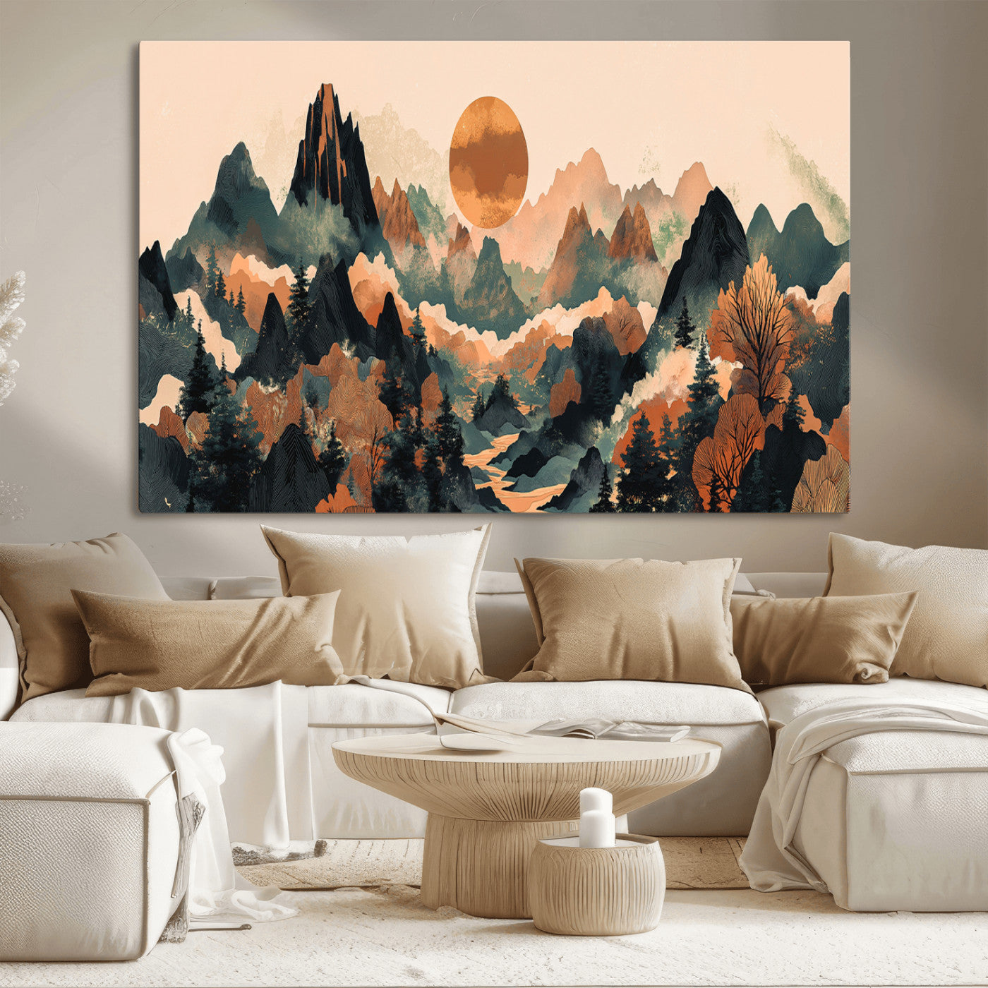 13012770-MGV-CV-36X24-Mountain Landscape Wall Art – Modern Nature Canvas Print with Sun, Misty Peaks, and Forest in Orange and Green Tones for Living