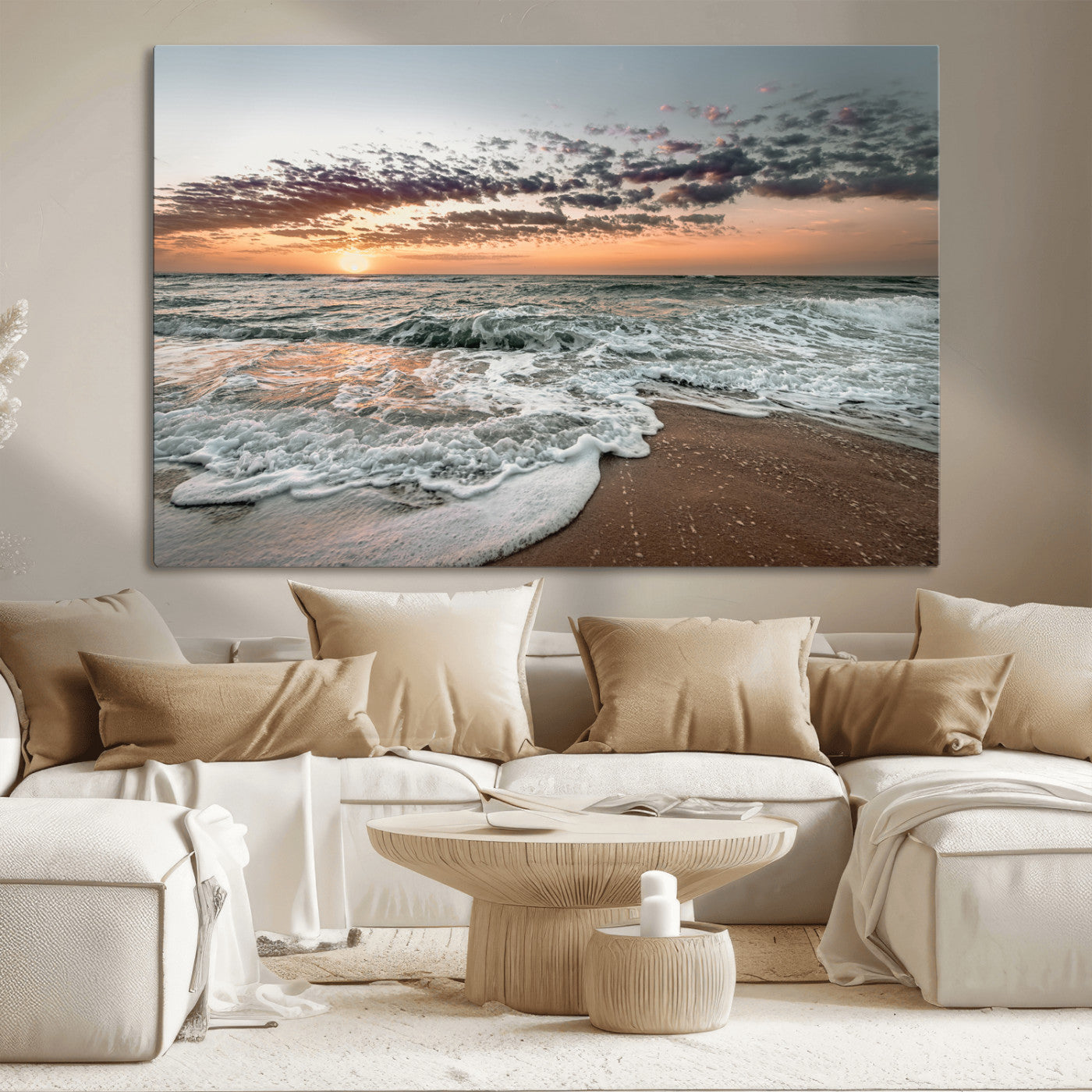 40632752-MGV-CV-36X24-Ocean Sunset Wall Art Canvas Print, Framed Beach Waves Art Picture Print, Coastal Scene Perfect Coastal Decor Artwork