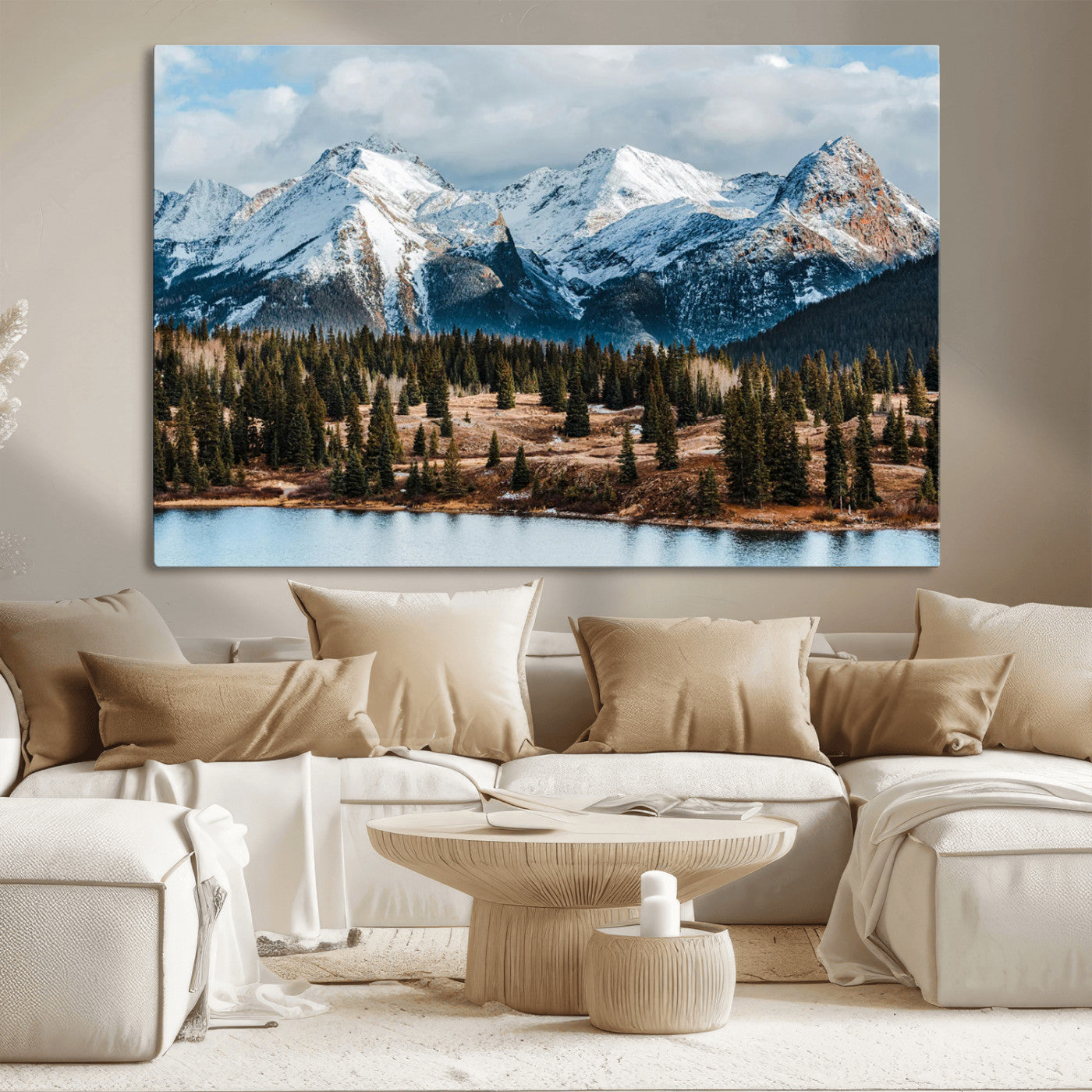 36247746-MGV-CV-36X24-Snowy Peaks Wall Art Canvas Print, Framed Alpine Lake Art Picture Print, Pine Forest Perfect Alpine Wilderness Decor Artwork