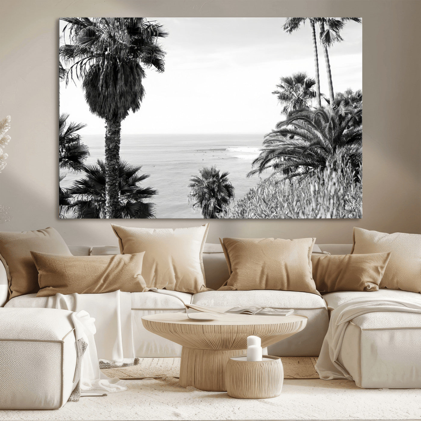 89458520-MGV-CV-36X24-Palm Trees Wall Art Canvas Print, Framed Coastal View Art Picture Print, Ocean Horizon Perfect Monochrome Coast Decor Artwork