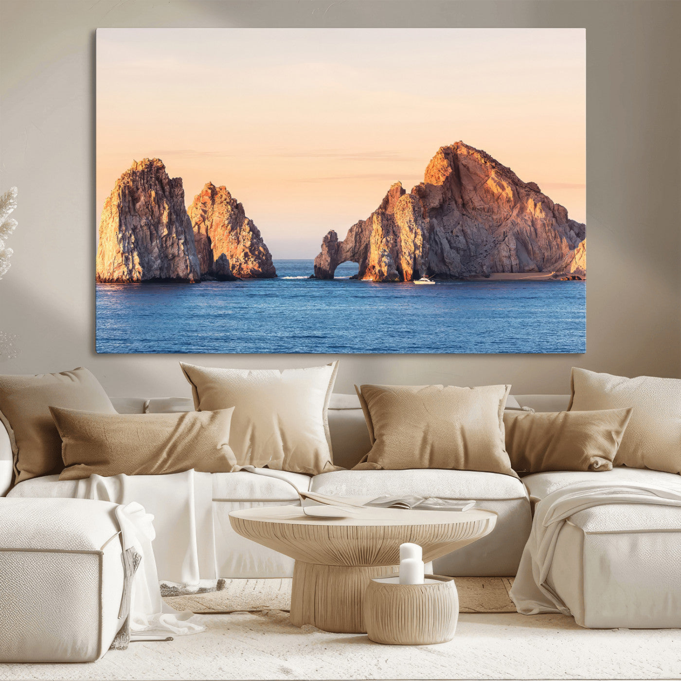 72996116-MGV-CV-36X24-El Arco Wall Art Canvas Print, Framed Cabo Rocks Art Picture Print, Ocean Arch Perfect Golden Coastal Landmark Decor Artwork