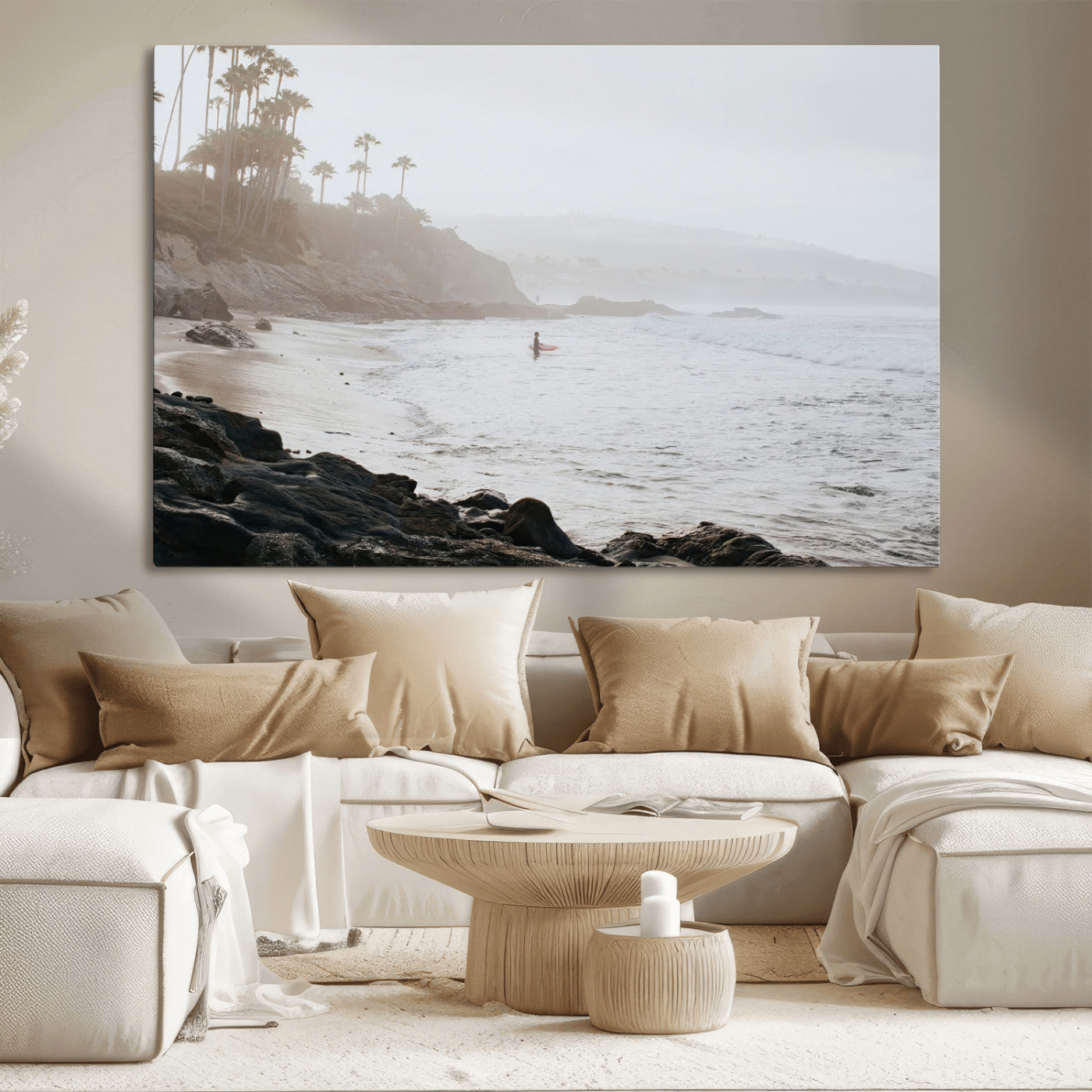 62501405-MGV-CV-36X24-Misty Beach Wall Art Canvas Print, Framed California Surfer Art Picture Print, Coastal Cliff Perfect Coastal Beach Decor Artwork