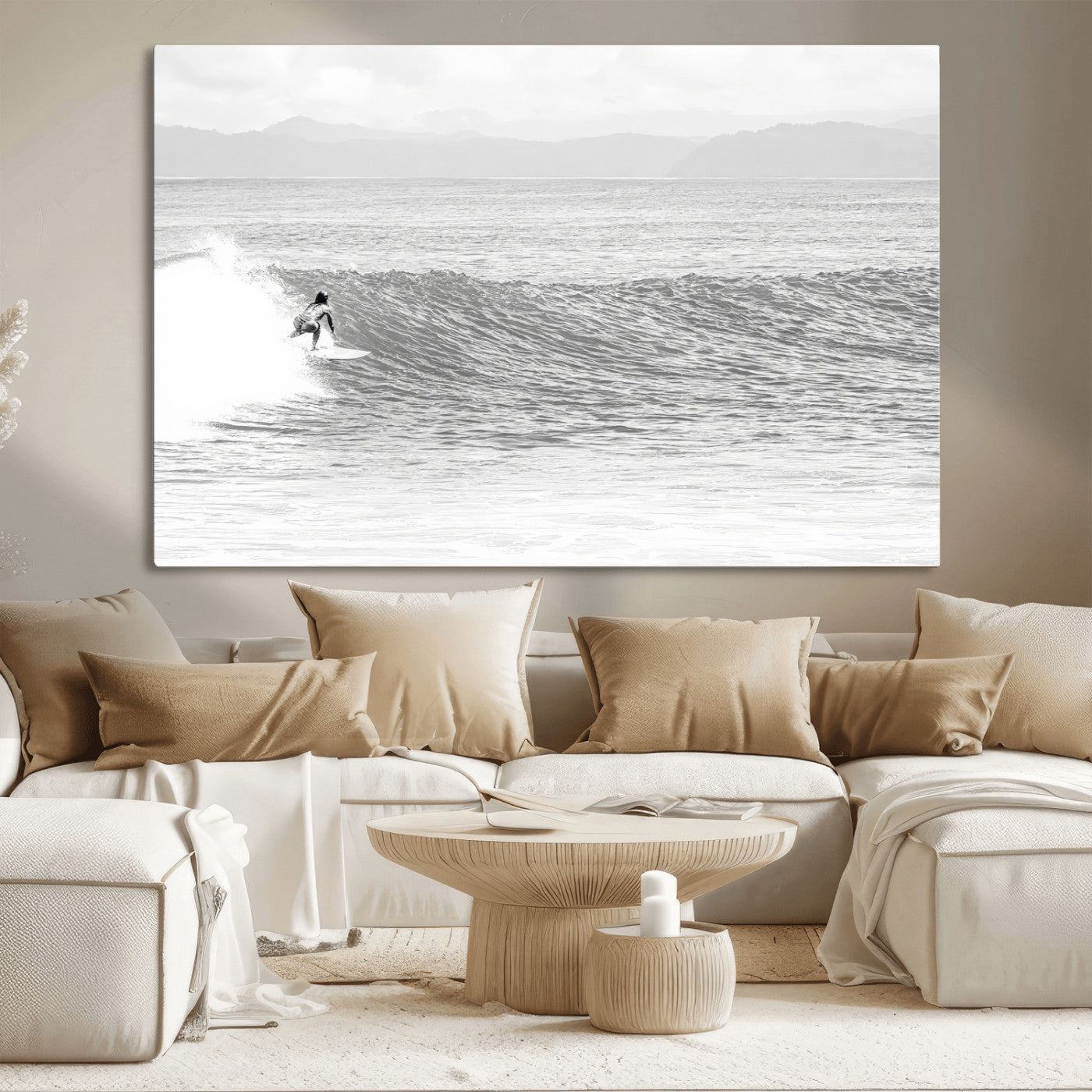 81535128-MGV-CV-36X24-Surfer Woman Wall Art Canvas Print, Framed Black Ocean Art Picture Print, Ocean Surfing Perfect Monochrome Coastal Decor Artwork