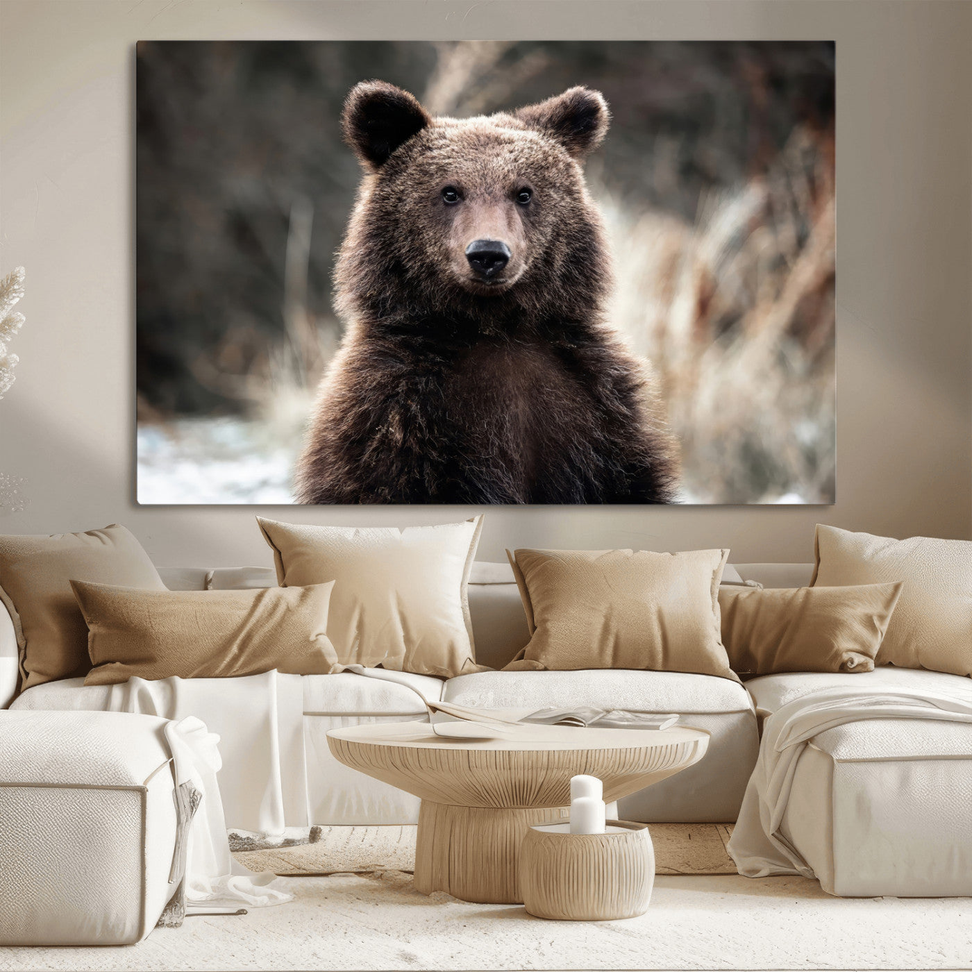 47112103-MGV-CV-36X24-Brown Bear Wall Art Canvas Print, Framed Forest Wildlife Art Picture Print, Woodland Bear Perfect Rustic Cabin Decor Artwork