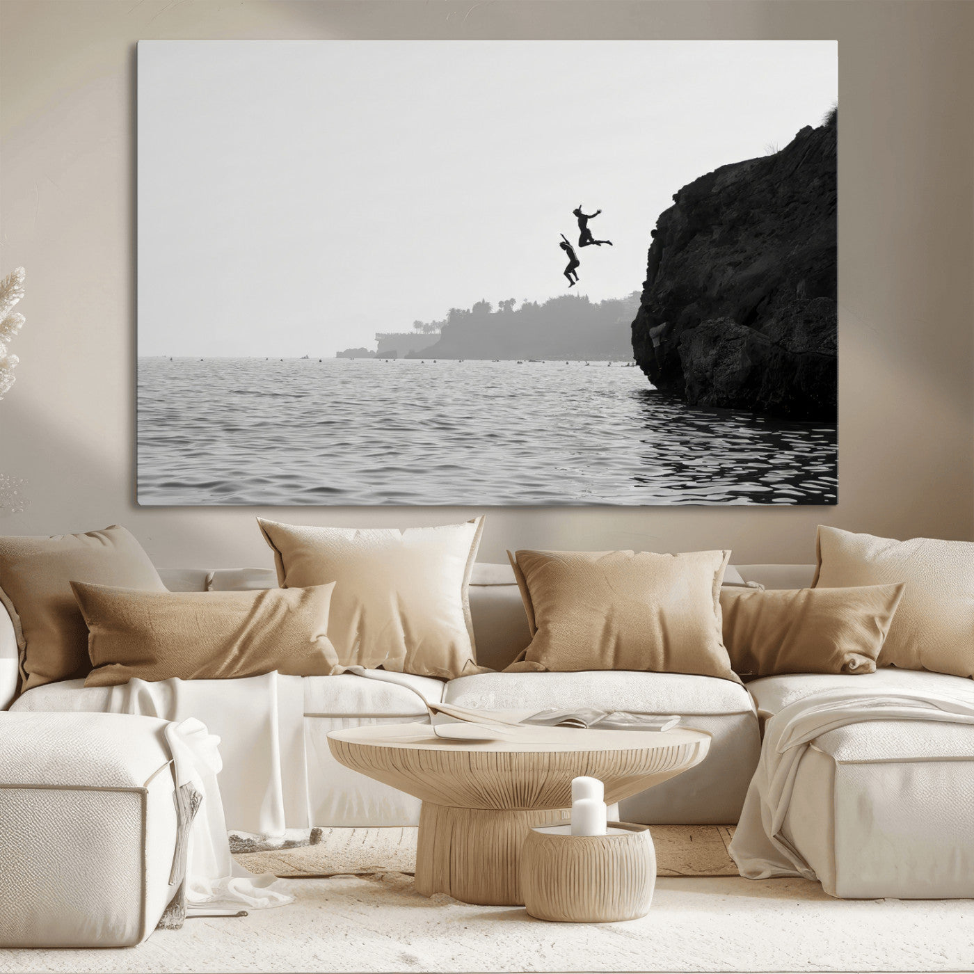 52284302-MGV-CV-36X24-Cliff Jumping Wall Art Canvas Print, Framed Ocean Adventure Art Picture Print, Black White Coast Perfect Modern Coastal Decor