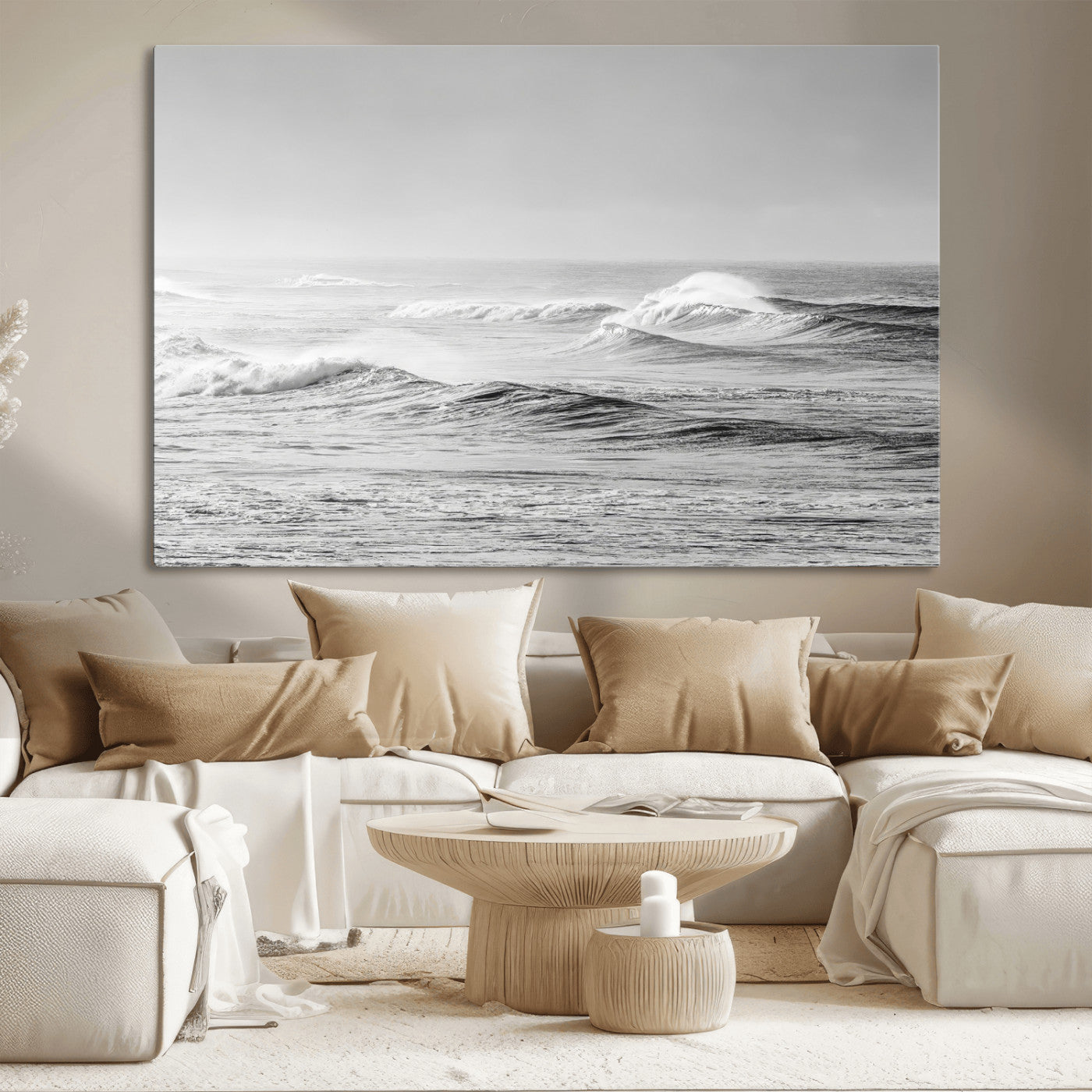 98634812-MGV-CV-36X24-Black and White Ocean Waves Wall Art – Minimalist Sea Canvas Print, Coastal Photography Decor for Living Room, Bedroom or Office