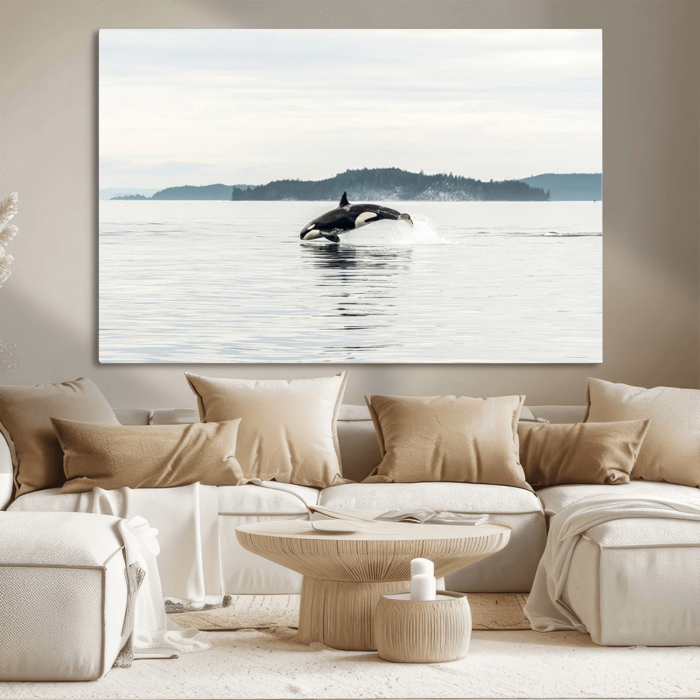 10157174-MGV-CV-36X24-Orca Whale Wall Art Canvas Print, Framed Black White Whale Art Picture Print, Minimalist Ocean Perfect Coastal Minimalist Decor