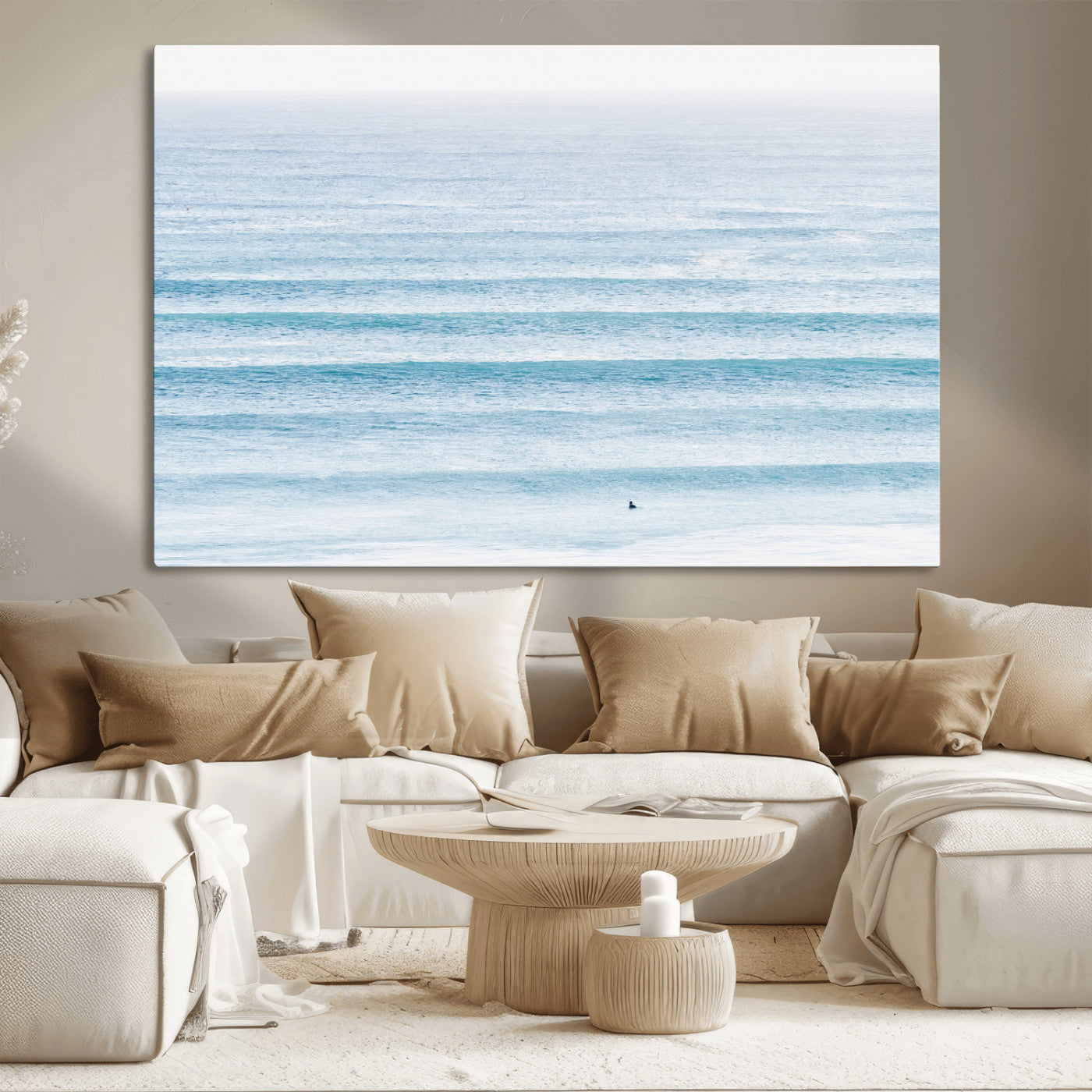 77145995-MGV-CV-36X24-Ocean Simplicity Wall Art Canvas Print, Framed Surfer on Water Art Picture Print, Light Blue Perfect Coastal Minimalist Decor