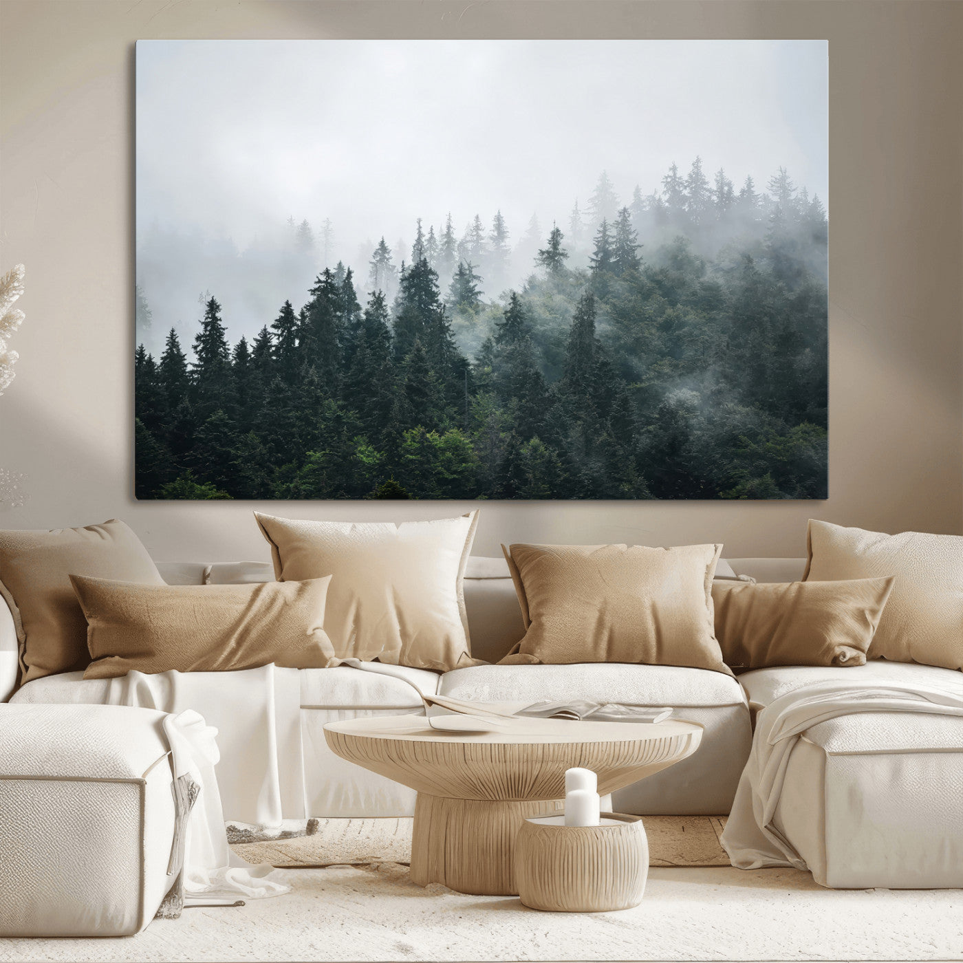 84146572-MGV-CV-36X24-Foggy Pine Trees Wall Art Canvas Print, Framed Forest Nature Art Picture Print, Evergreen Forest Perfect Scandinavian Minimalist
