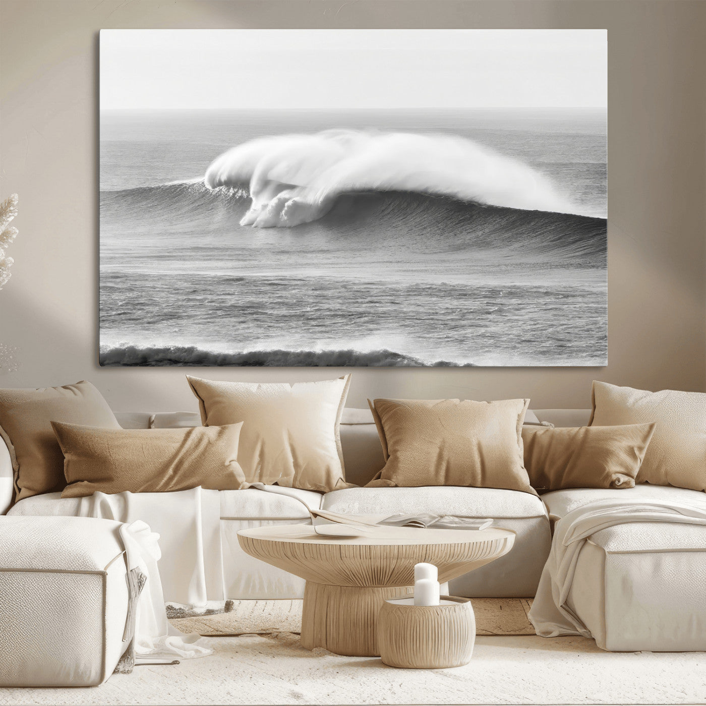 42544082-MGV-CV-36X24-Monochrome Seascape Wall Art Canvas Print, Framed Surf Wave Art Picture Print, Minimalist Ocean Perfect Moody Coastal Decor