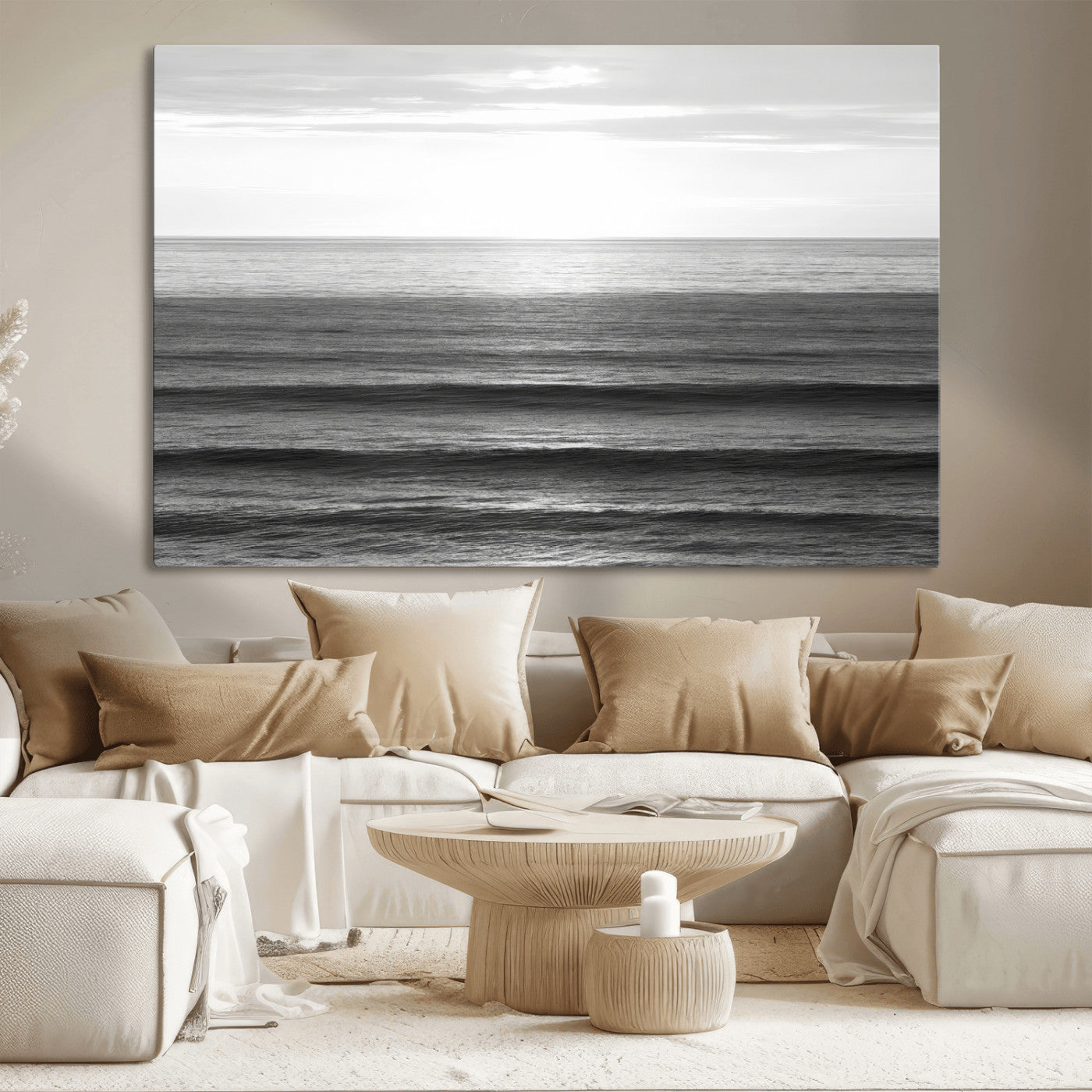 47305203-MGV-CV-36X24-Monochrome Ocean Wall Art Canvas Print, Framed Moody Ocean Art Picture Print, Calm Ocean Perfect Minimalist Coastal Decor Artwork