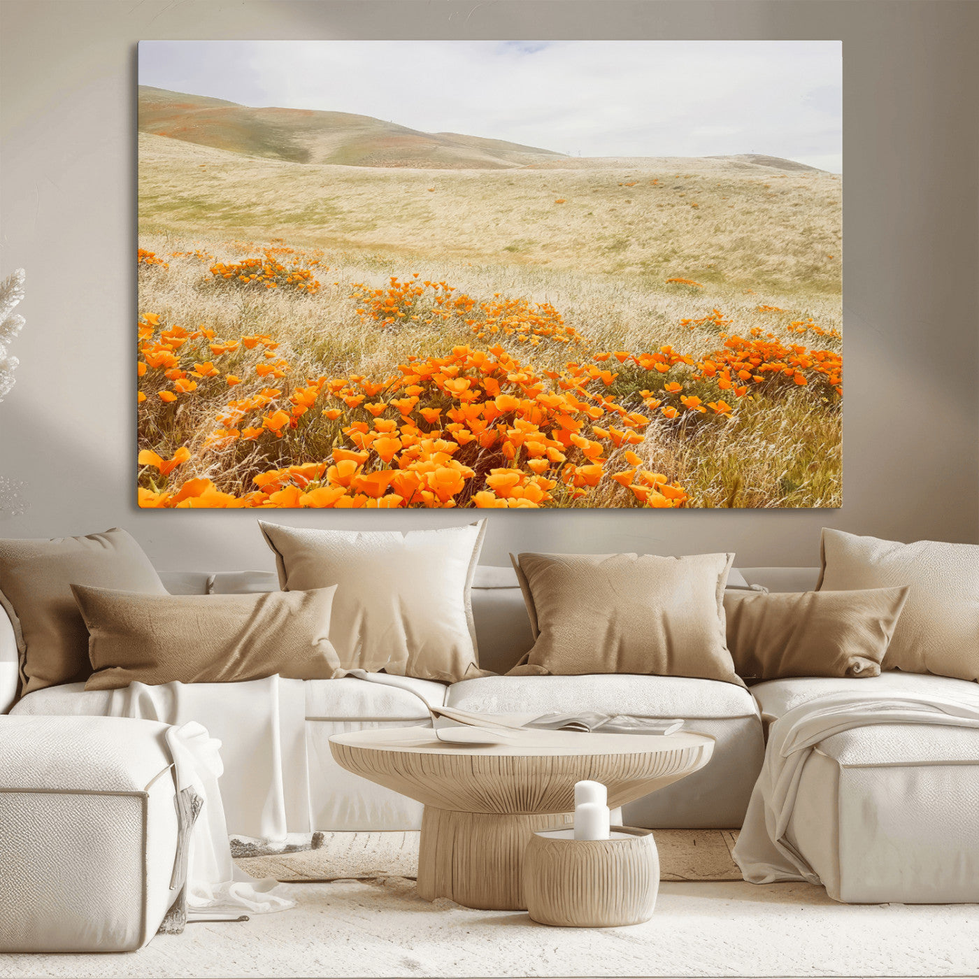 28972262-MGV-CV-36X24-Golden Wildflowers Wall Art Canvas Print, Framed Hills Bloom Art Picture Print, Poppy Meadow Perfect Rustic Nature Decor Artwork